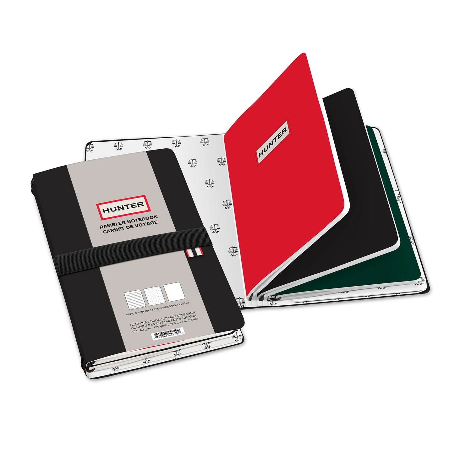 Hunter - Rambler Refillable Notebook, 8.6” X 6” Book with 3 A5 Booklets, 80 Pages Each of Lined Paper, Dot Grid, & Blank Pages for Drawing or Journaling, Elastic Band & Inside Pocket, Black