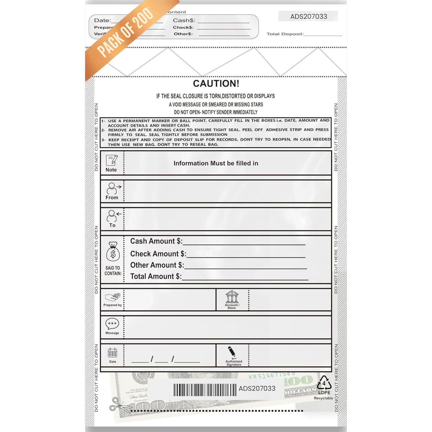 200 Pack TAGAD Bank Deposit Bags for Cash Handling & Cheque Deposit 9 x 12” | Tamper Evident with Tear-Off Receipt and Sequential Barcodes | Secure Money Bags for Business & Personal Use