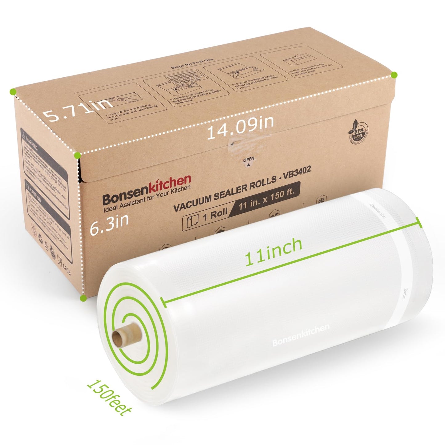 Bonsenkitchen 11” x 150’ Vacuum Sealer Bags Rolls with Cutter for Food Storage, Commercial Grade, BPA Free, Great for Meal Prep and Sous Vide Cooking