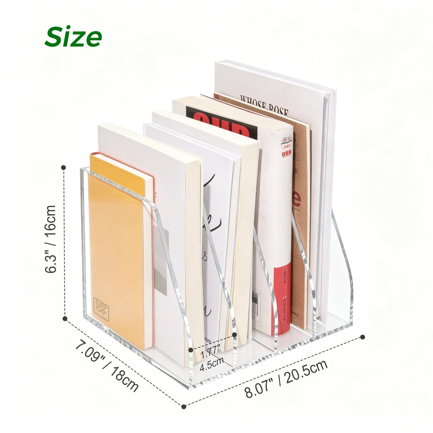 Lovemolly Acrylic Magazine File Holder – 4-Slot Clear Desk Organizer, Vertical Document Sorter for Office, Home & Classroom, No-Assembly Tabletop Rack for Folders, Books & Tablets, 7.09x8.07x6.3 in