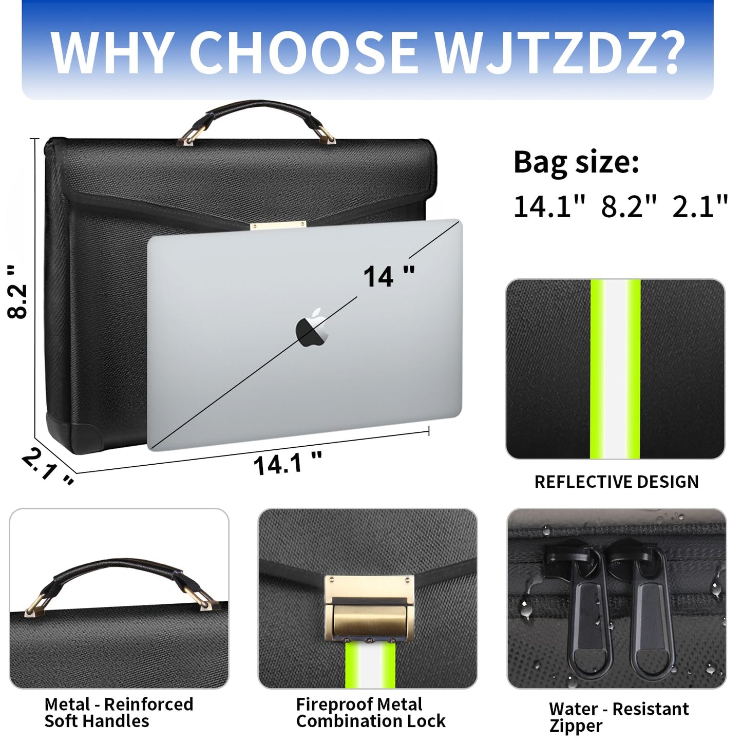 6500°F Fireproof Document Bag with Lock,Upgraded Fireproof/Waterproof Money Bag with Zipper/Reflective Strip,Storage Pouch for A4 Letter Size Document,Cash,Cell Phone,Passport