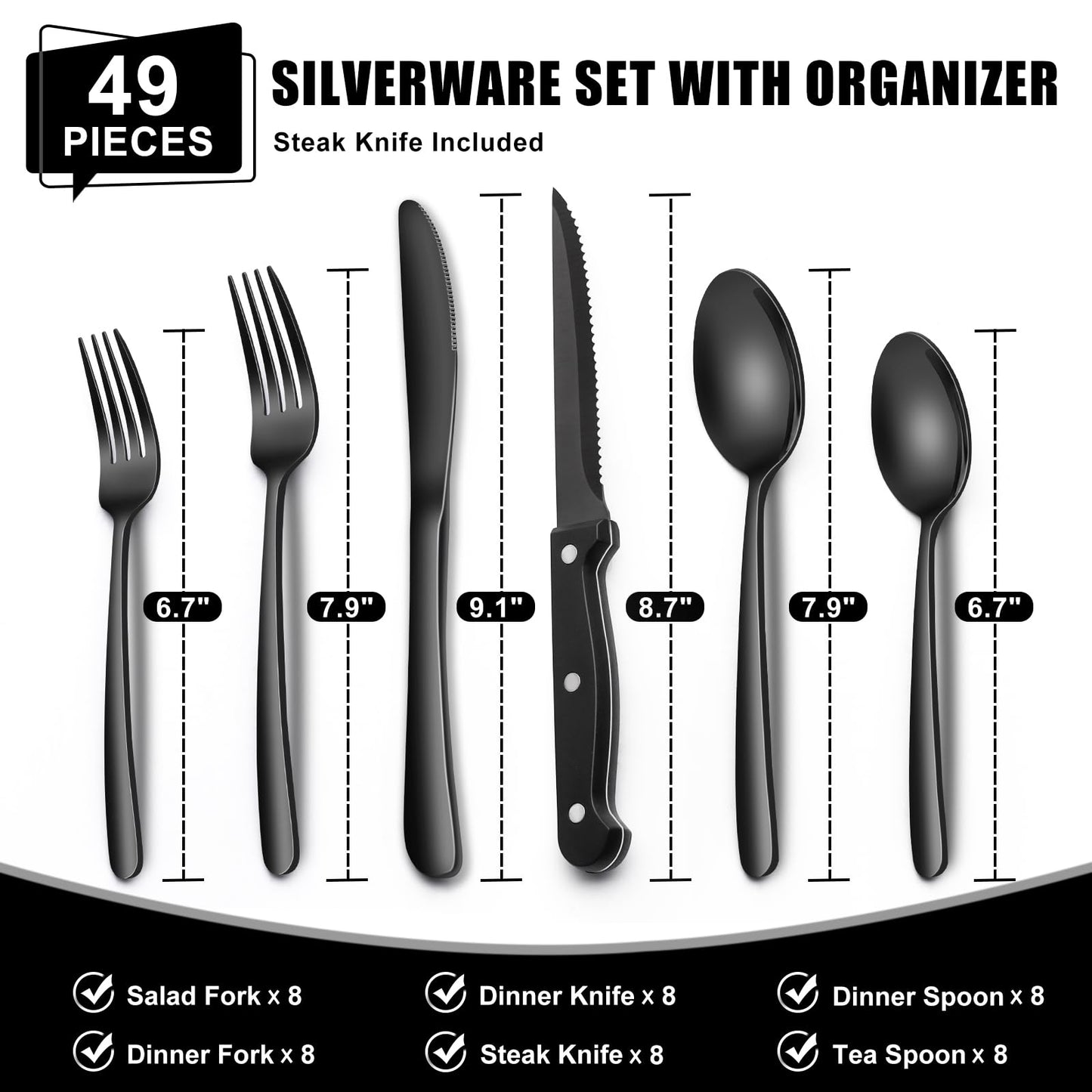 49-Piece Black Silverware Set with Organizer, Heavy Duty Stainless Steel Flatware for 8, Cutlery Utensil Sets with Steak Knives, Rust-proof, Mirror Polished, Dishwasher Safe, Black Heavy Duty