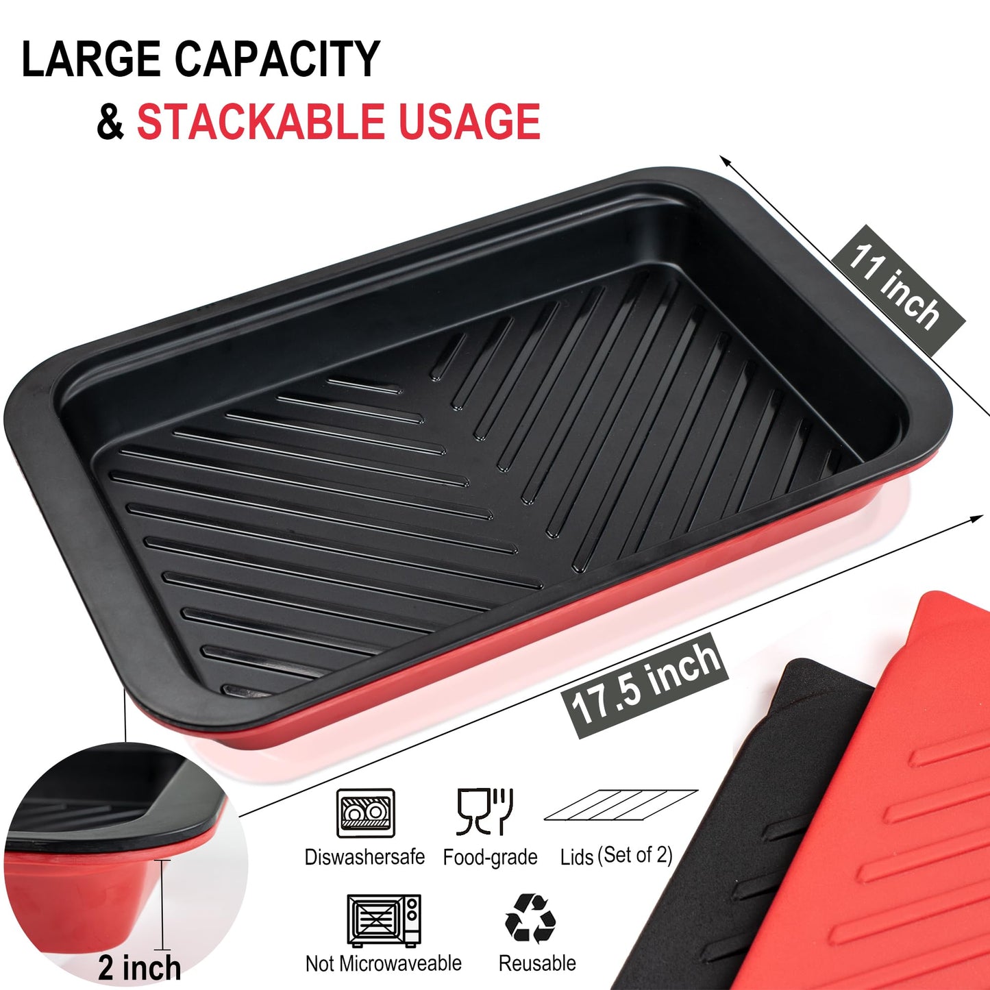 Czlizdyt Deep Grilling Prep and Serve Trays with lid, BBQ Tray for Marinating Raw and Cooked Food, Diswasher Safe Nesting Trays Black in Red