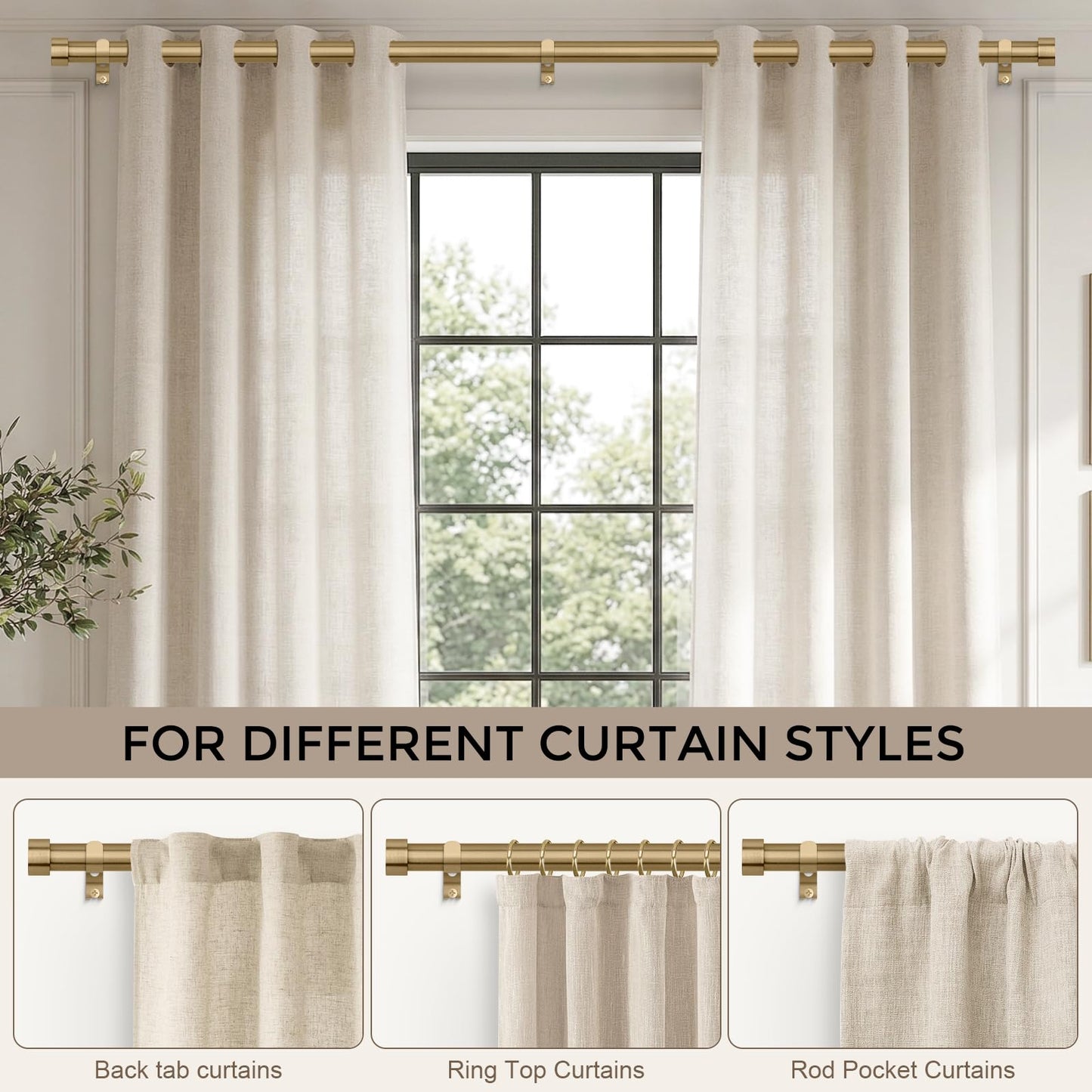 Warm Gold Curtain Rod 36 to 176 Inch, Extra Long Heavy Duty Brass Curtain Rods for Window, 1" Diameter Adjustable Window Treatment Rod with Aluminum Alloy Finials for Bedroom Living Room Kitchen