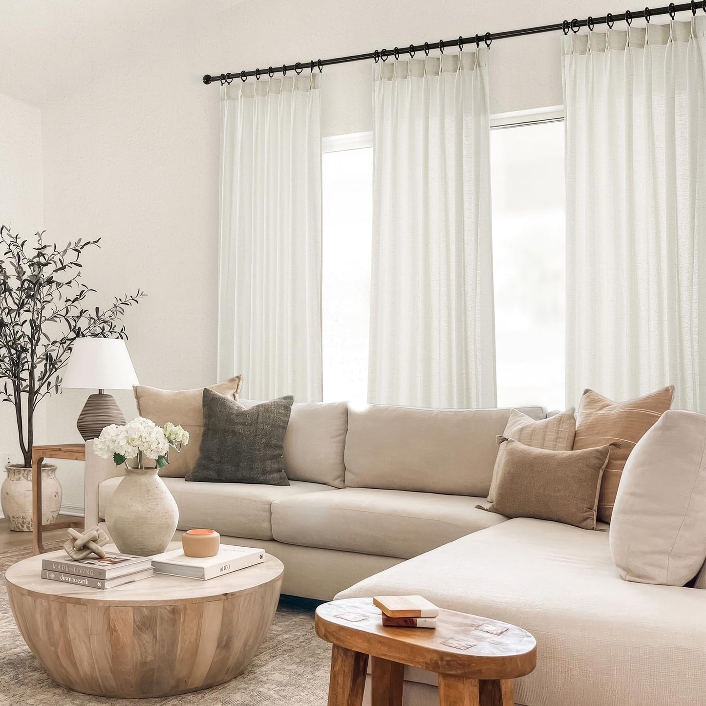 Topfinel Natural Pinch Pleated Linen Curtains 84 Inch Length 2 Panels for Bedroom Living Room Textured Cream Semi Sheer Window Curtain Boho Neutral Back Tab Pinch Pleat Drape with Hooks 84 Inches Long