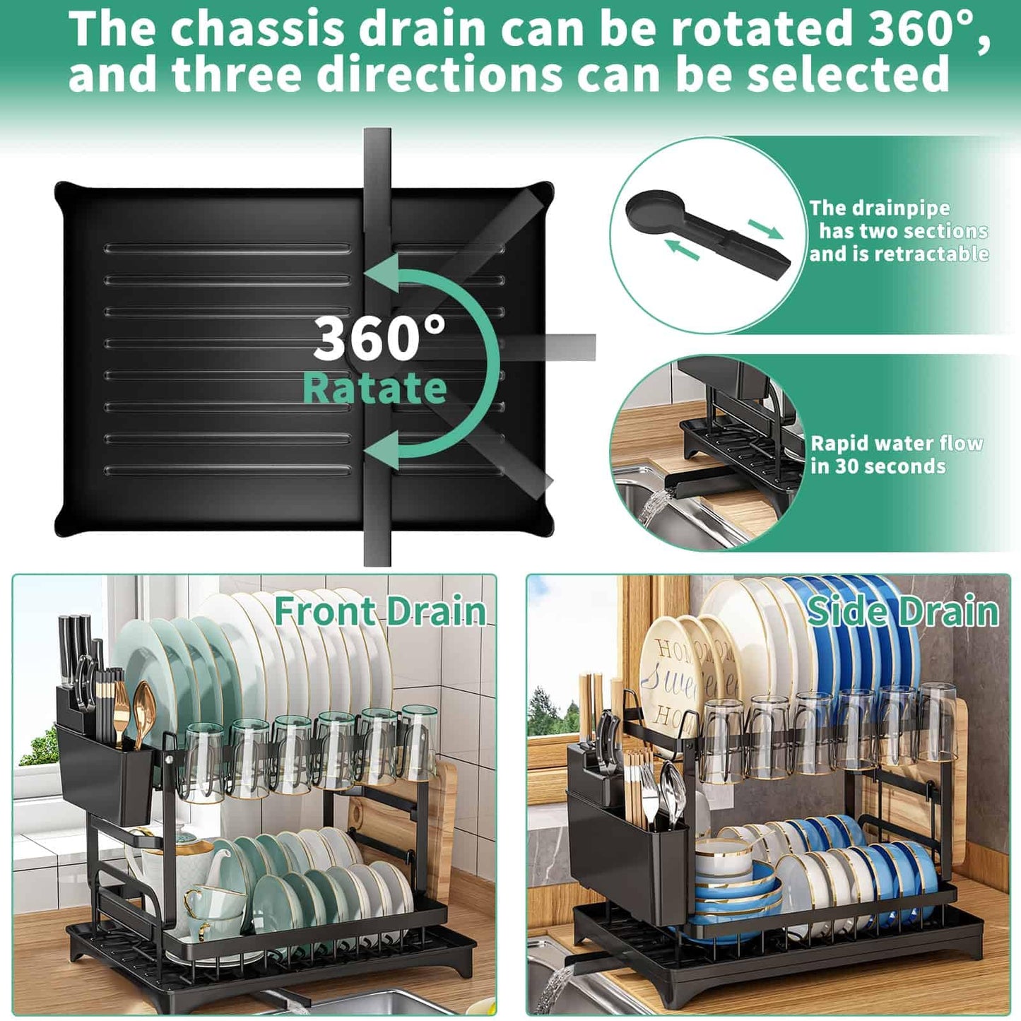 XLMYS Dish Drying Rack, 2 Tier Large Dish Drying Rack for Kitchen Counter with Drainboard Stainless Steel Dish Drainer for Dish/Knifes/Cup/Cutting Board, Black