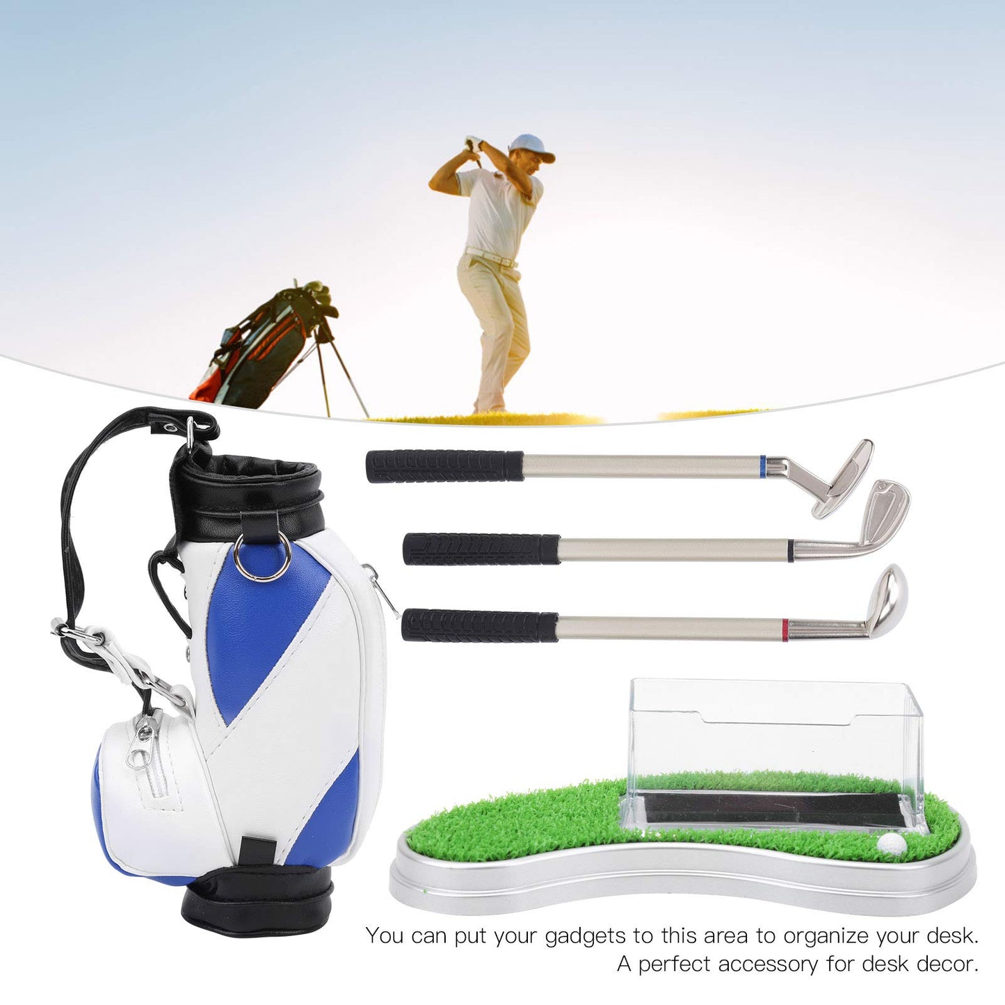 Alomejor Office Desk Golf Bag Pencil Holder with Golf Pens Business Card Box Base for Golf Souvenirs Gifts