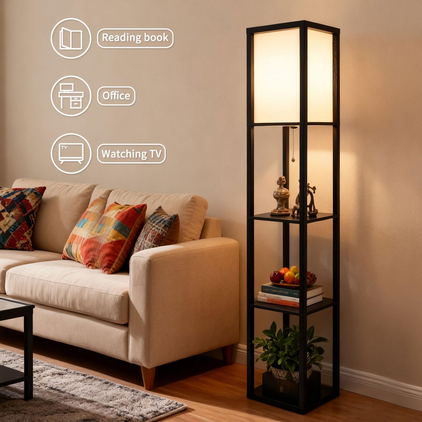 MITELSON Floor Lamp with Shelves, Modern Square Shelf Lamp for Living Room, Corner Standing Lamp with Shelves for Bedroom, Office, Display Shelves with Light, Home Decor