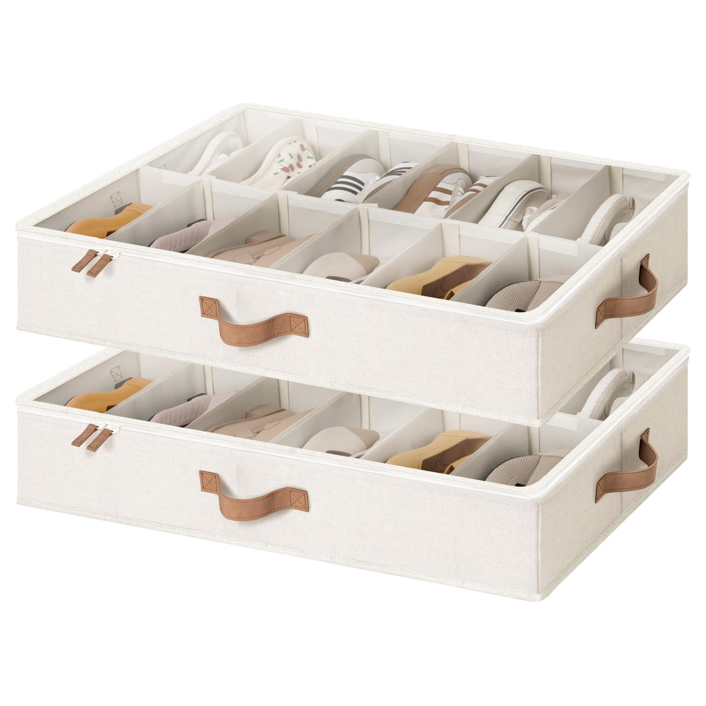 StorageWorks Underbed Shoe Storage Organizer for Closet, 2-Pack Under Bed Shoe Organizer with Bottom Support and Adjustable Dividers, Fits up to 24 Pairs, Beige
