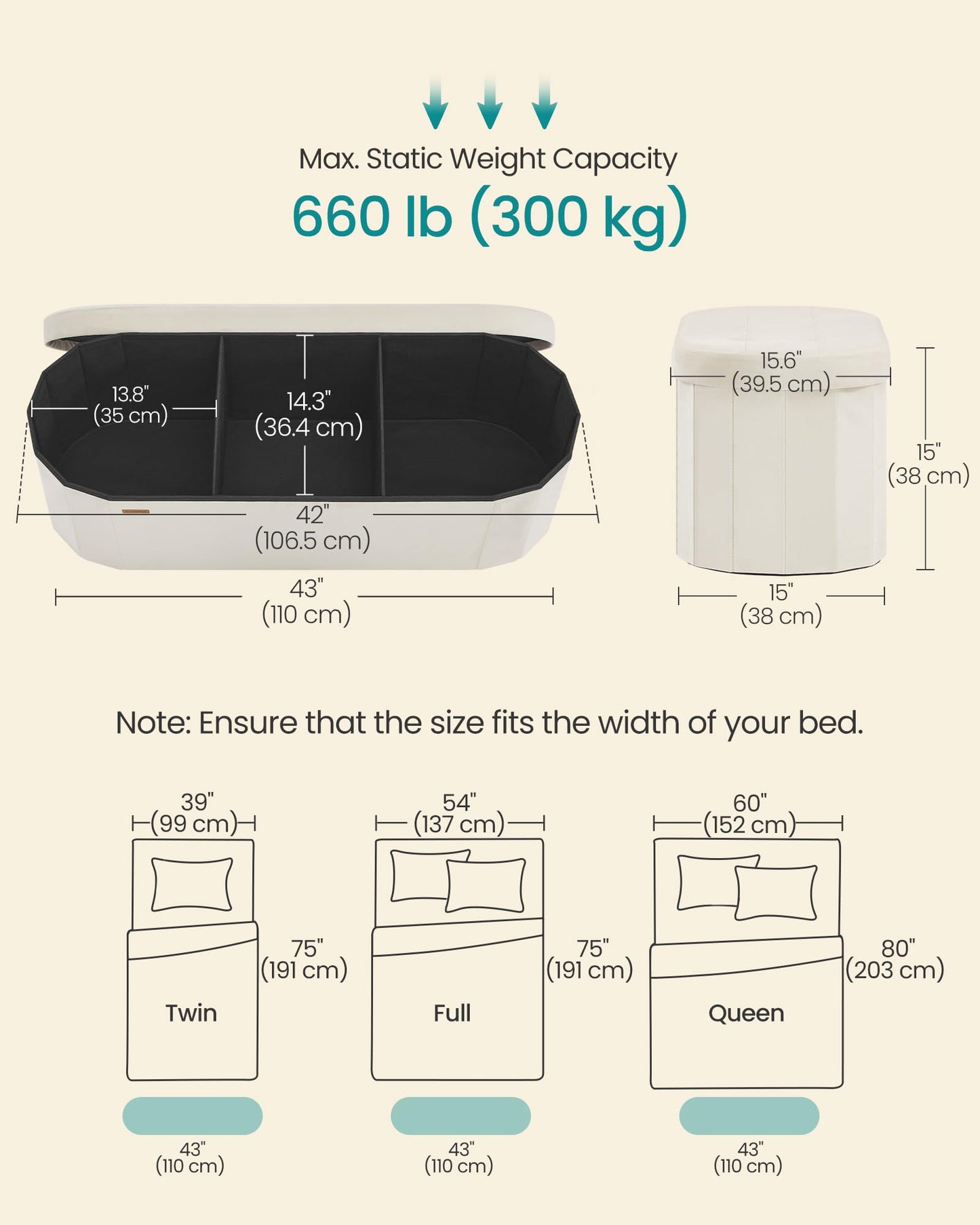 SONGMICS Mazie Collection - Folding Ottoman with Storage, Oval Storage Ottoman Bench, for Living Room, Bedroom, Velvet Fabric, 15 x 43 x 15 Inches, Cream White ULSF297LH01