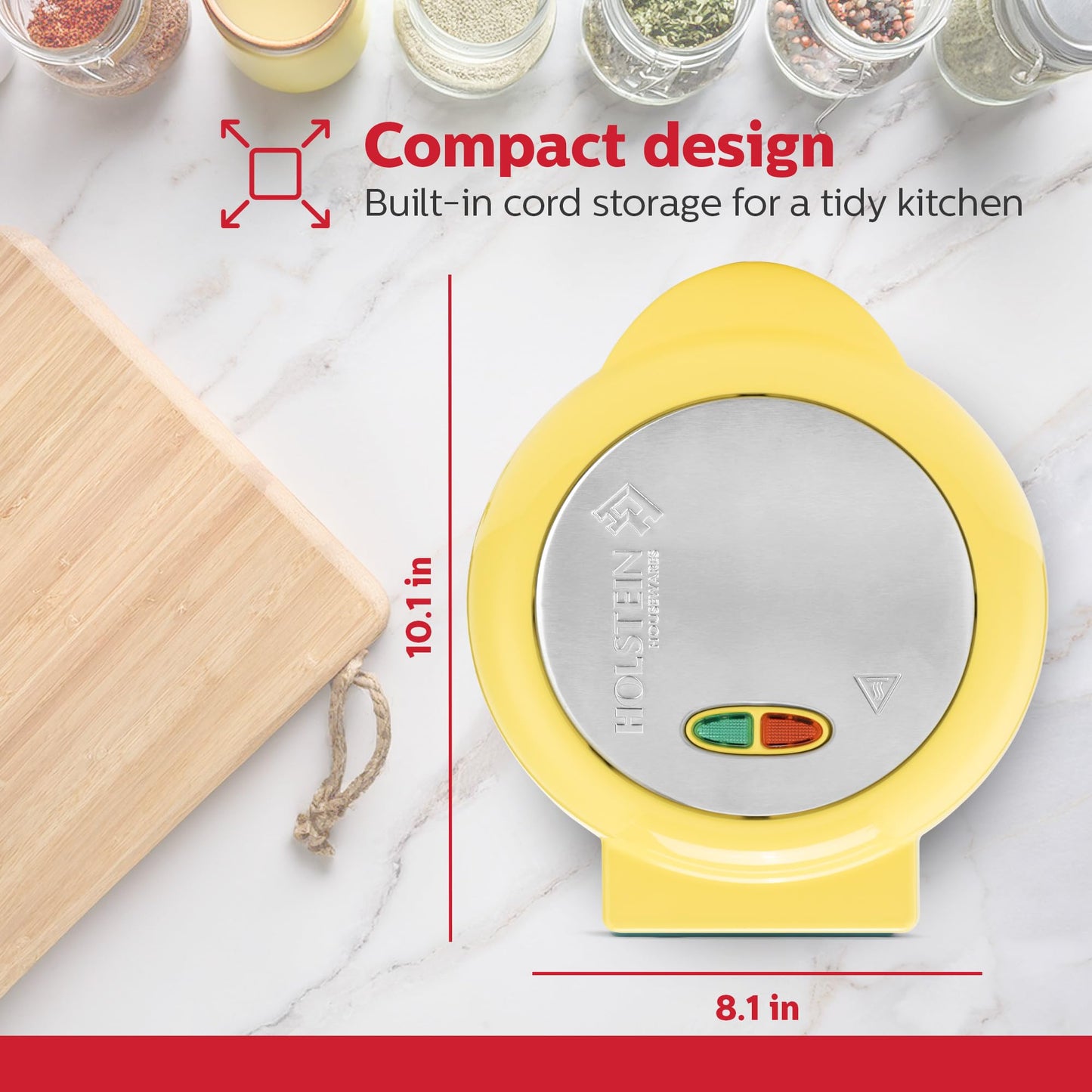 Holstein Housewares Stainless Steel 2 Section Omelet & Frittata Maker, Non Stick Coating, Easy To Clean, Indicator Lights, Compact Storage, Prepare Versatile Recipes in Minutes. 2 Portions, Yellow
