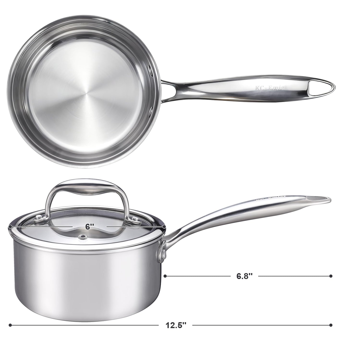 KC-Emier 1-Quart Saucepan with Lid, Tri-Ply Stainless Steel Pot with Stay-Cool Handle & All Cooktop Compatibility (Gas, Ceramic, Electric) - Silver
