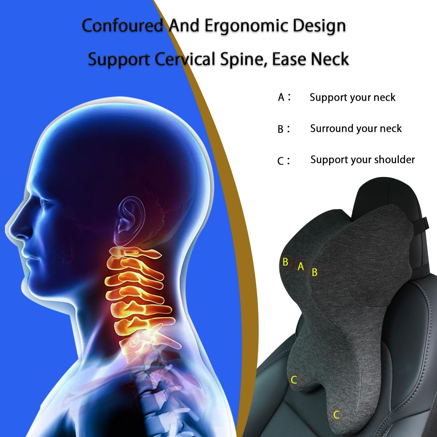 RaoRanDang Car Neck Pillow for Driving Gaming Chair Headrest Pillow Office Chair Neck Pillow Ergonomic Design Double Straps Design Suitable for Different Heights