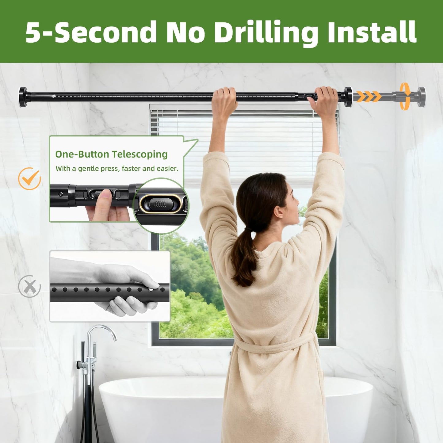 ZYKORT Tension Curtain Rod 39-137In (3.3-11Ft), Heavy Duty Outdoor Tension Rod for Patio Window, One-Click Telescopic Rod, Adjustable Shower Curtain Rod No Drilling for Bathroom Renter Friendly, Black