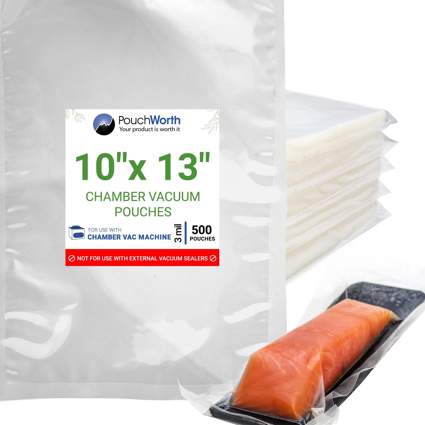 PouchWorth 500 pcs Clear 10" x 13", 3 mil Chamber Machine Pouches, Pre-Cut Chamber Vacuum Sealer Bags, Heavy Duty Seal Pouch, BPA-Free Chamber Sealer Bags with Tear Notch