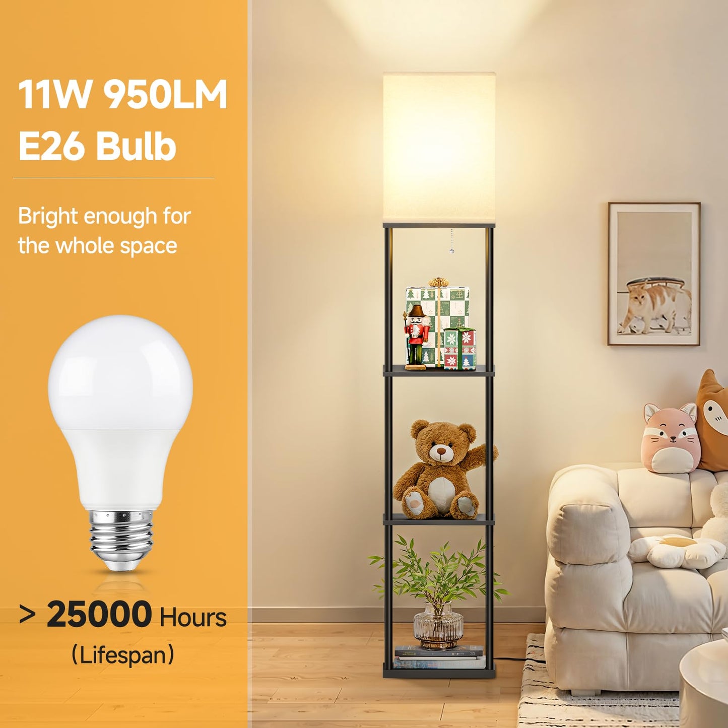 SHINE HAI Floor Lamps with Shelves for Living Room, 3-Tier Square Modern Standing Lamp with 3CCT Bulb, 11W 950LM Brightness, Tall Shelf Lamp for Bedroom, Office, Bookshelf & Display Organizer