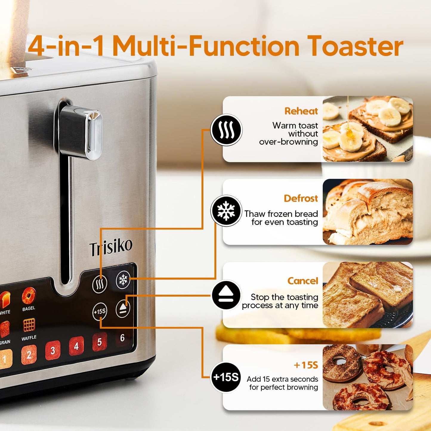 Trisiko Touch Screen Electric Toaster 2 Slice, Stainless Steel Smart Toaster with Digital Timer, 1.38" Extra-Wide Slots for Bread& Bagel, Great for Home, Office,Dorm