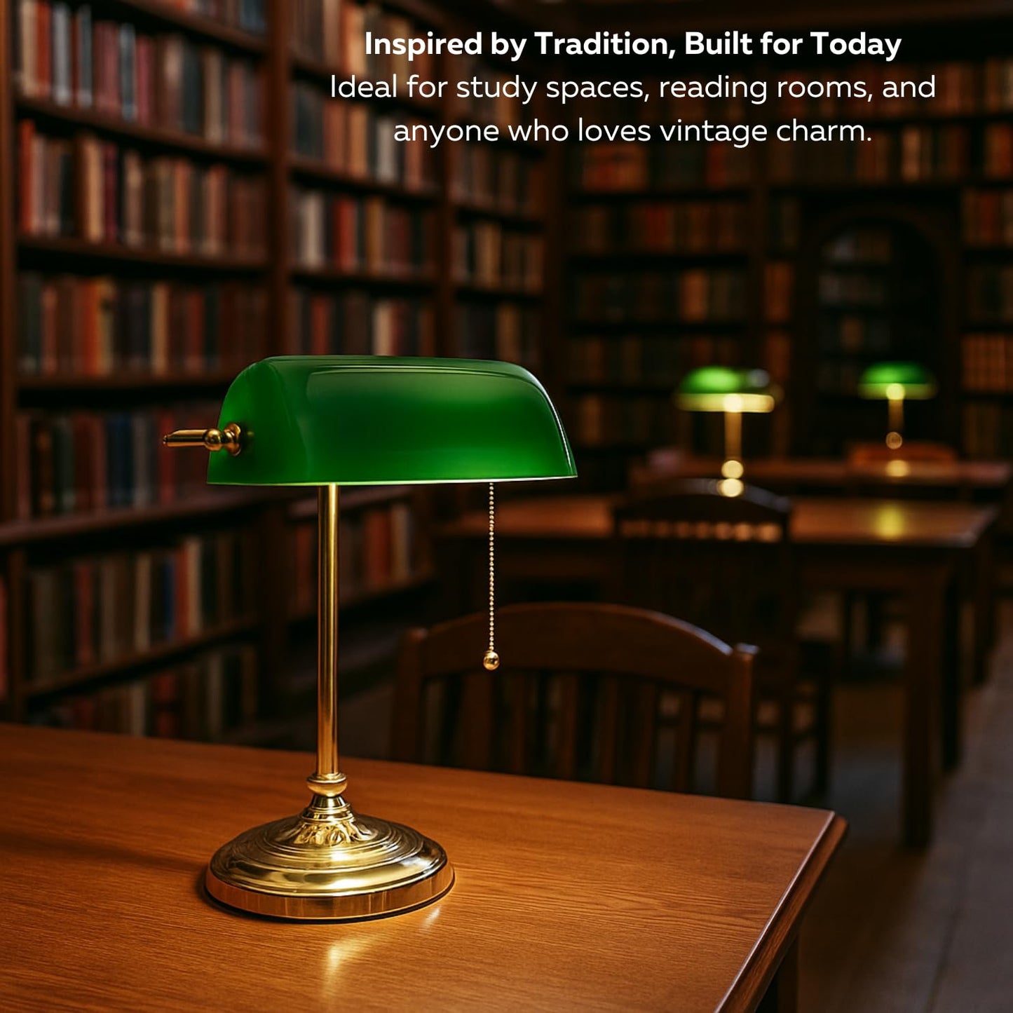 LIGHTACCENTS Traditional Banker’s Desk Lamp with Green Glass Shade and Brass Base – Classic Desk Lamp with Pull Chain, Office Lighting, Vintage Style Reading Light