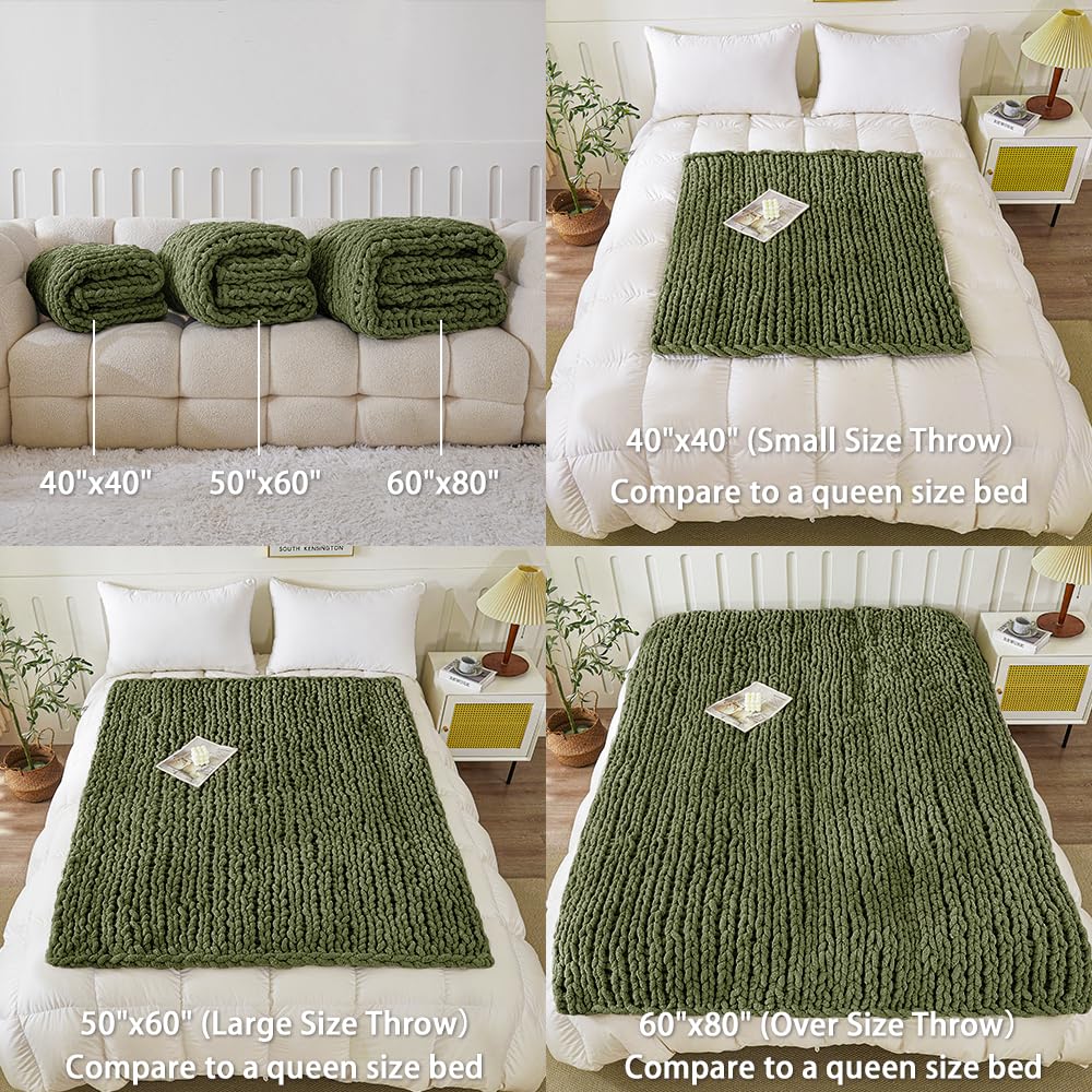 WESHIONGOO Chunky Knit Blanket Throw 51"×63" Knitted Throw Blankets for Couch Bed Fluffy Soft Blanket with Jumbo Chenille Yarn Thick 100% Handmade (Olive Green)
