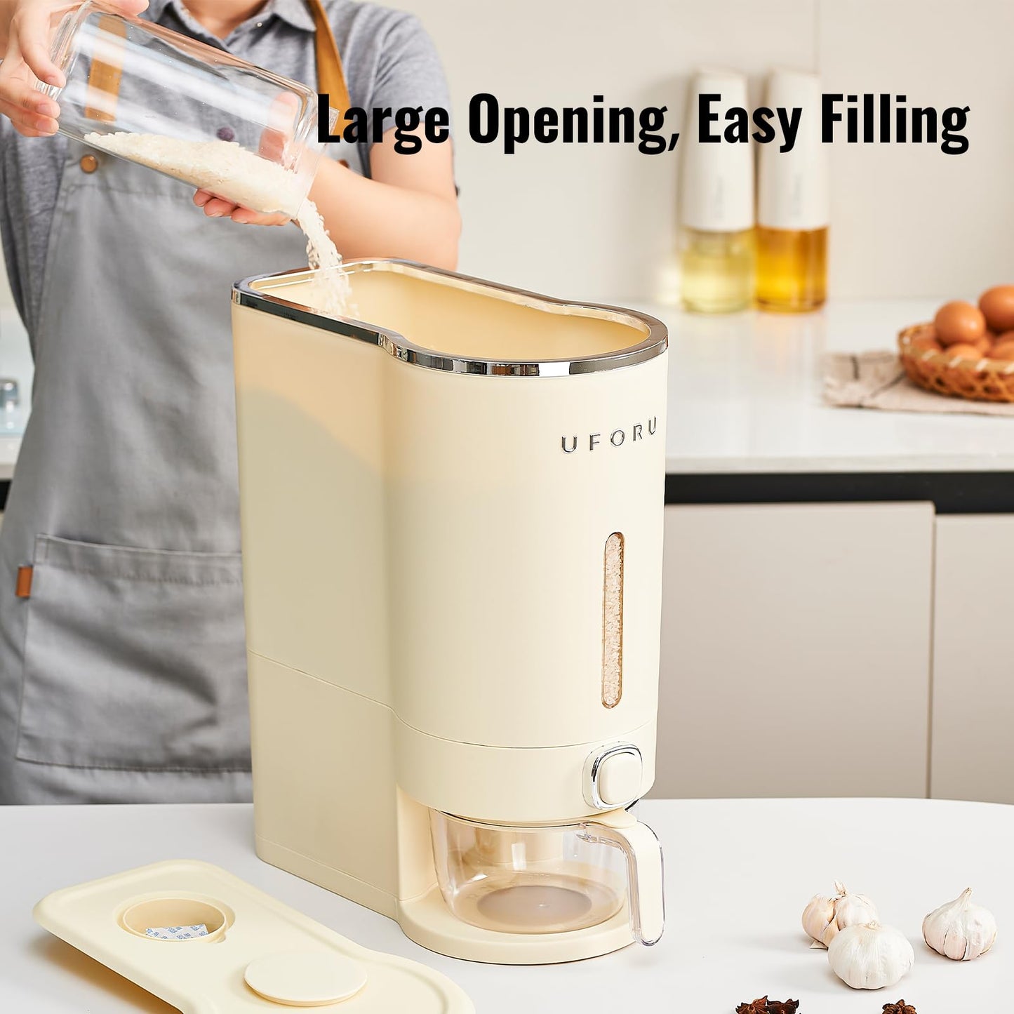UFORU Rice Dispenser, 22 Lbs Rice Storage Container with Measuring Cup for Kitchen Pantry Household, Cereal Dry Food Storage Containers Airtight, Sealed Moisture Proof, Cream White