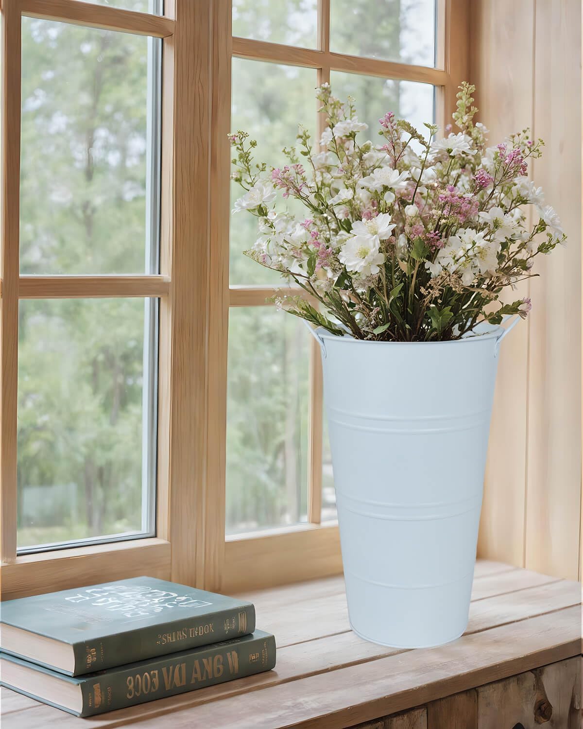 vensovo 12 Inch Galvanized Metal Vases for Flowers - 6 Pcs Farmhouse Decorative Tall Flower Bucket with Handles, Rustic French Tin Planter Buckets for Wedding Decor (Pure White)