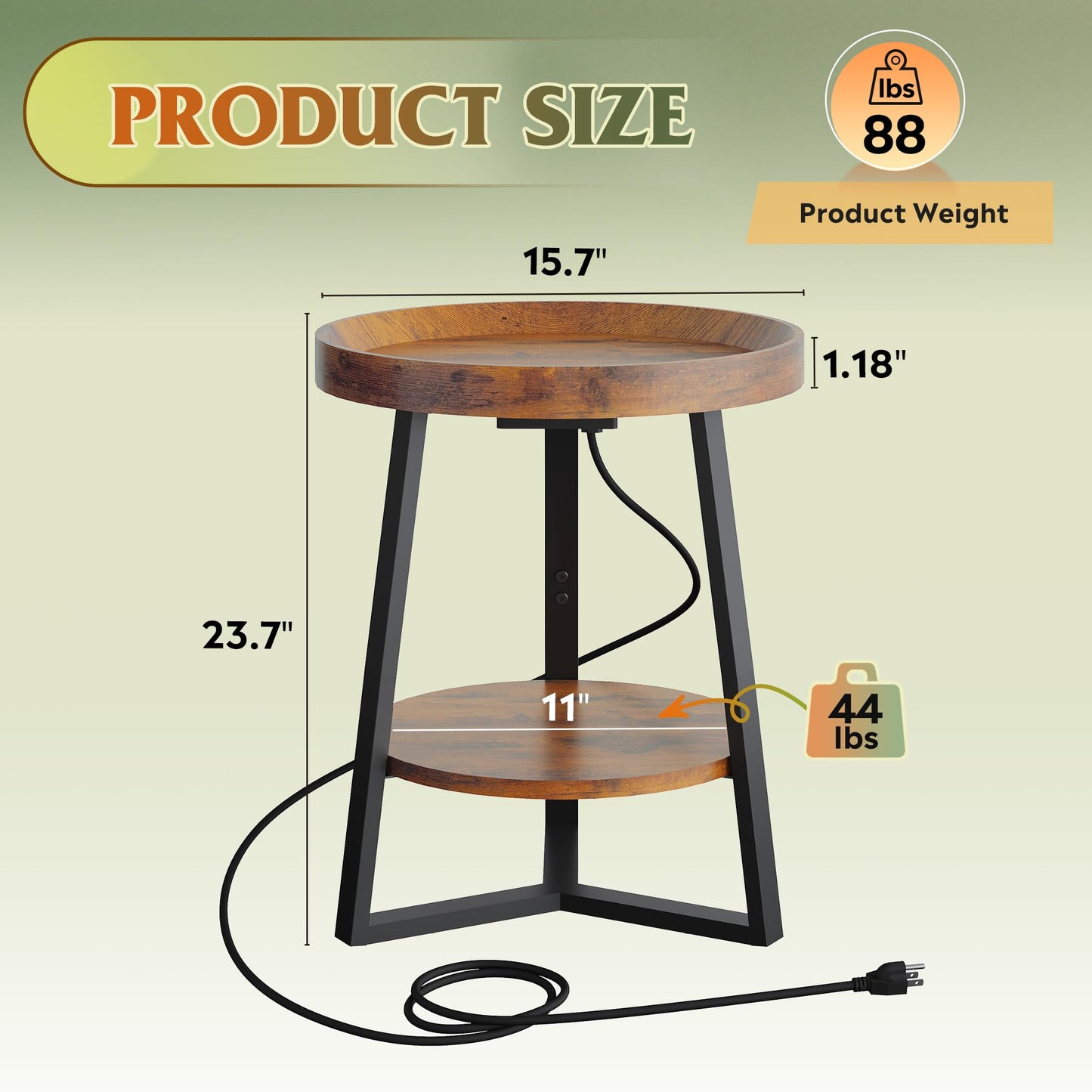 WLIVE Small Round Side Table with Charging Station, Round Coffee Table, 2 Tier End Table for Living Room/Bedroom, Sofa Couch, Easy to Assemble, Wood Tabletop & Metal Frame, Rustic Brown