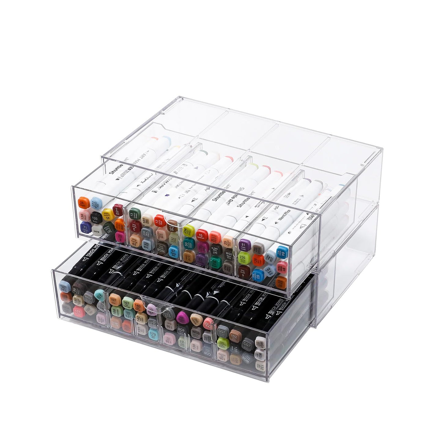 GOXITAX Clear Pen Organizer with Drawer, 2 Pack Plastic Desk Accessories Storage Box with Removable Dividers for Home Office, School Supplies, Stationery, Art Crafts, Stackable Pencil Holder