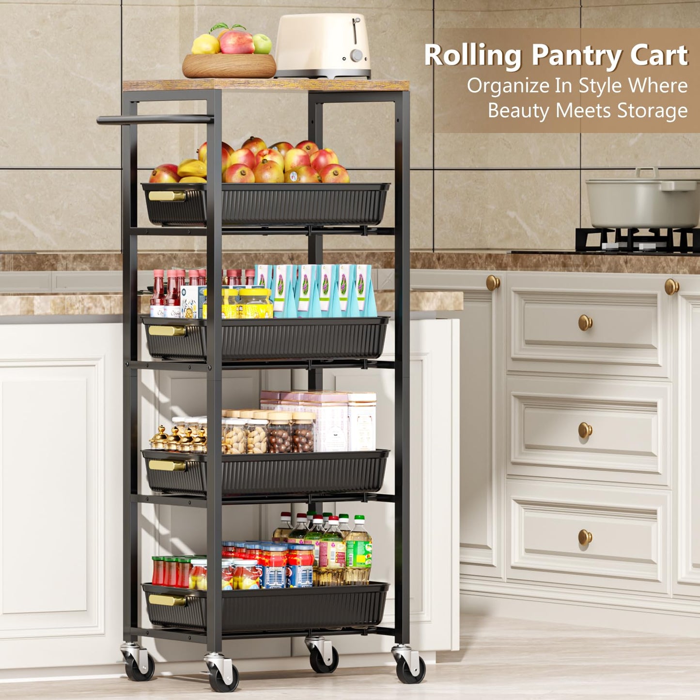 Vivihomety 5-Tier Rolling Utility Cart with Wheels, Kitchen Storage Cart with Wooden Top & Pull-Out Mesh Baskets, Large Capacity Organizer for Kitchen, Bathroom, Laundry Room Black