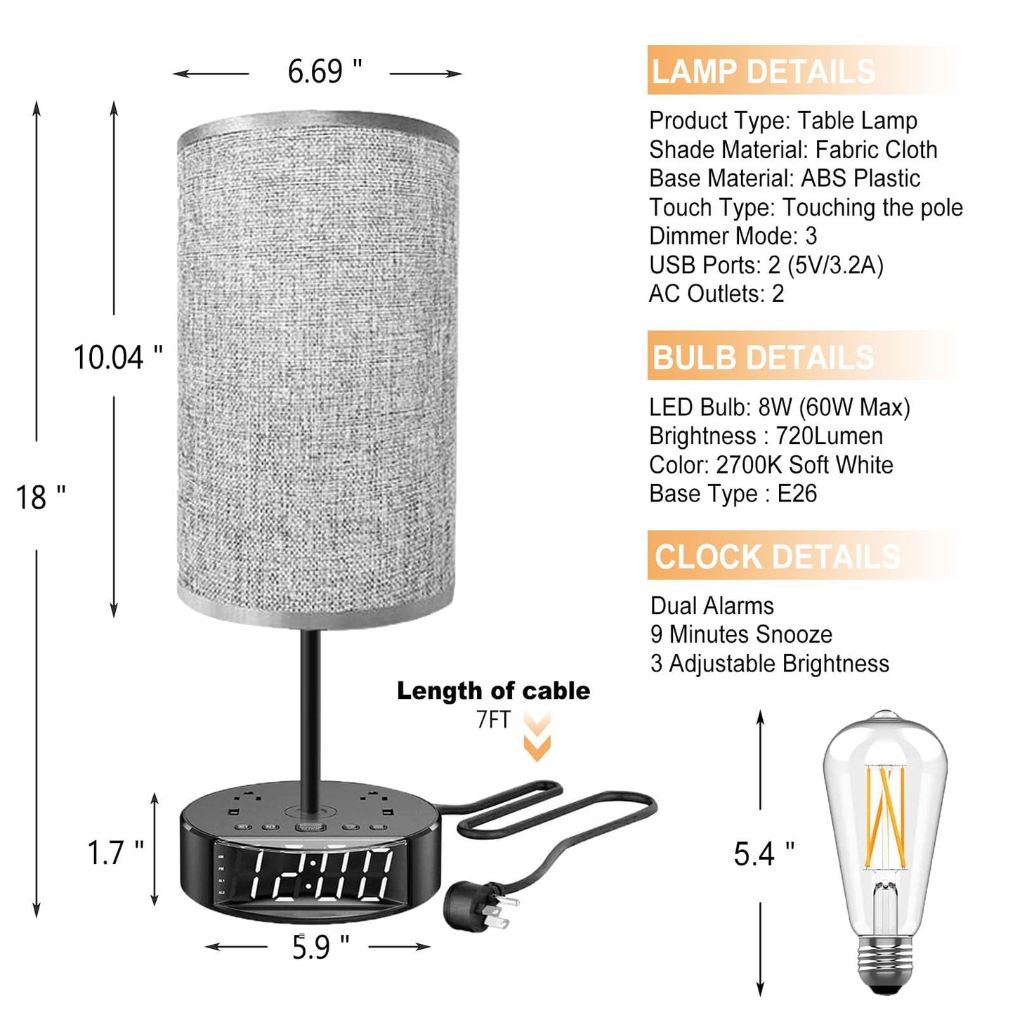 ZONV Touch Control Nightstand Light Bedside Table Lamp with USB C Charging Ports Alarm Clock 3 Way Dimmable Lamp for Bedroom Living Room Home（Gray） Thanksgiving Gifts