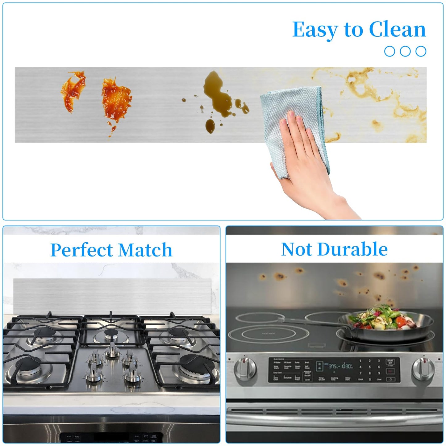 Mineye 11NBBKGDDS Self-Adhesive Front Control Range Stainless Steel Backguard, 29.75" ×4.75" Stainless Steel Backsplash Guard for Most Brands of Stove, Silver