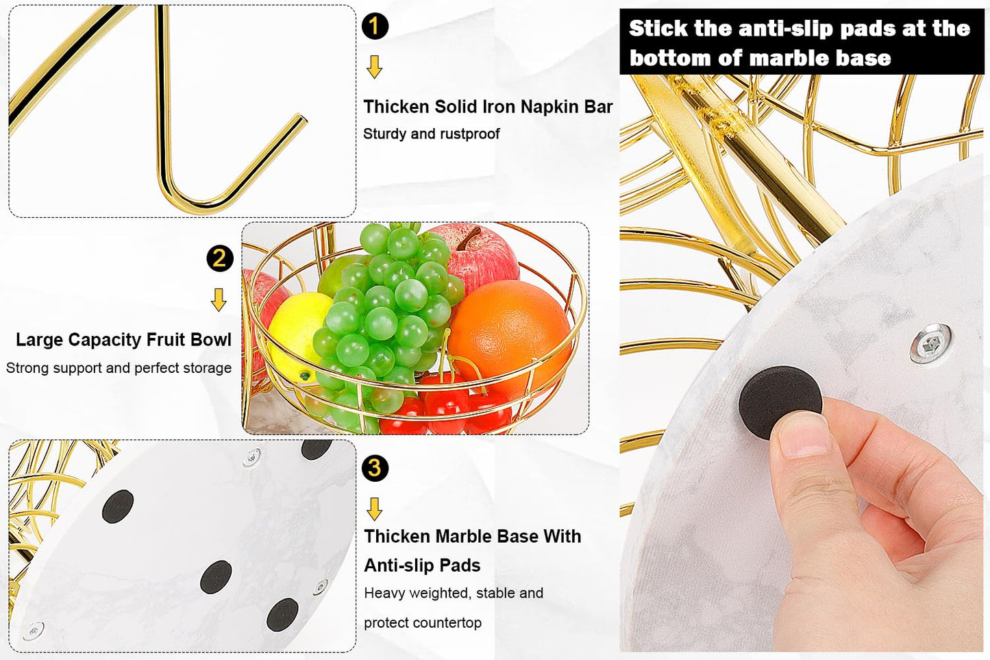 Livabber Fruit Basket Bowl with Banana Hanger, Metal Fruit Vegetable Storage Basket with Banana Holder for Kitchen Counter, Detachable Organizer for Bread Snack Produce (Gold, 3-Tier Marble Base)