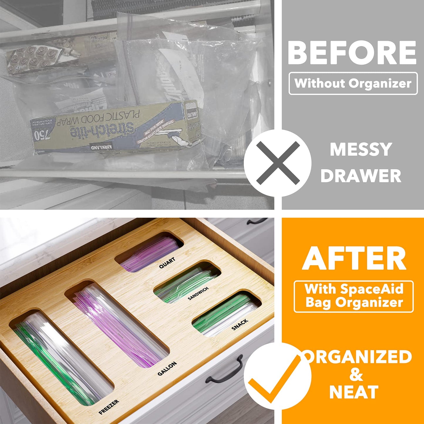 SpaceAid Bag Storage Organizer for Kitchen Drawer, Bamboo Organizer, Compatible with Gallon, Quart, Sandwich and Snack Variety Size Bag (1 Box 5 Slots)