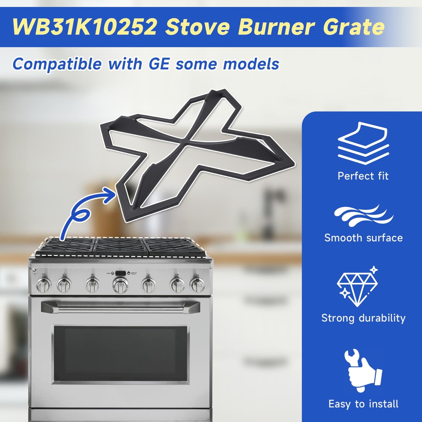 WB31K10252 Range Burner Grate Compatible with GE Range Grate Replacement ZDP366NP1SS ZGP364NDR1SS ZDP364NRP1SS ZDP486NDP1SS ZDP364LDP1SS, Replace WB31K10224 PD00039352 2134475 AP5325819 PS3503825