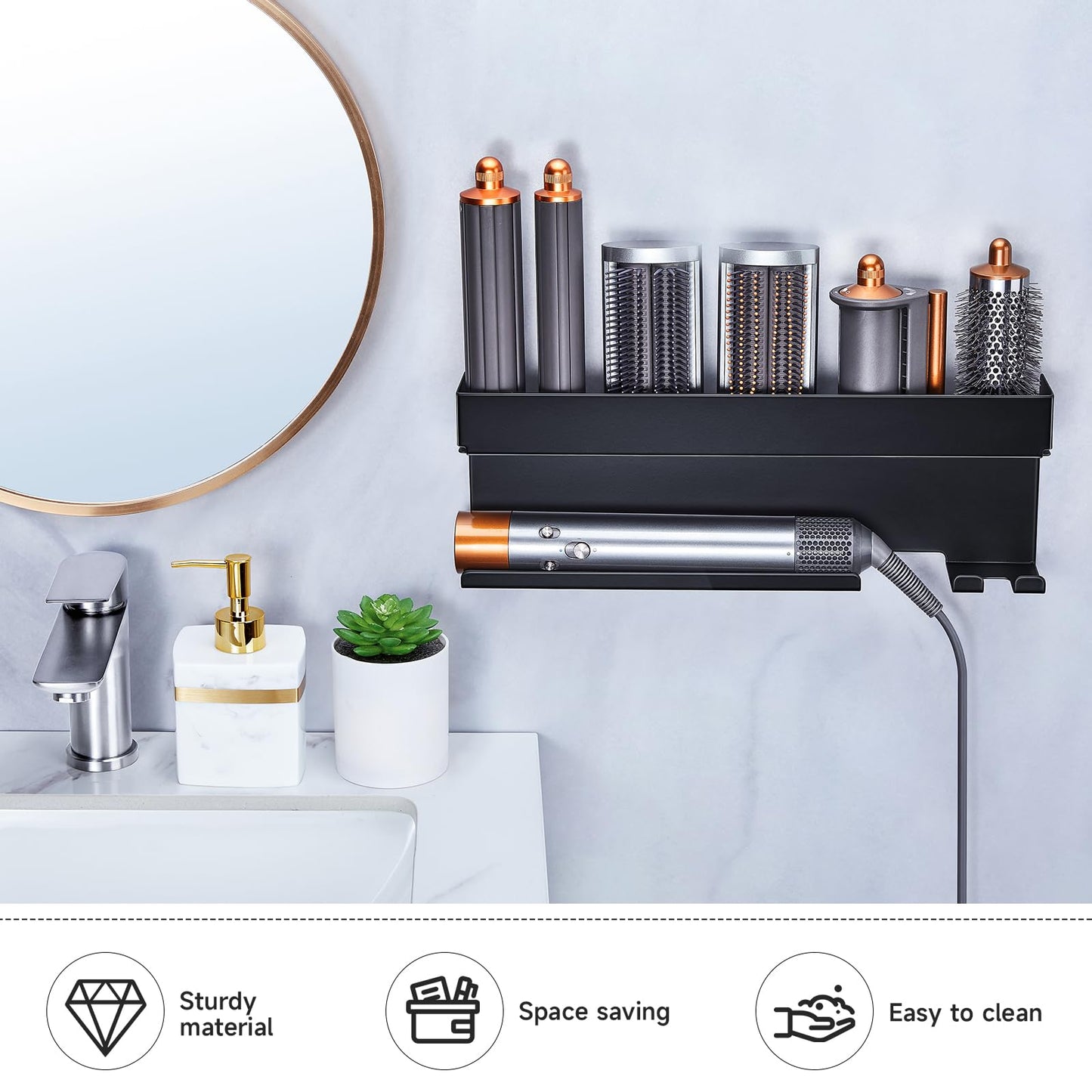 Storage Hair Dryer Holder for Curling Iron Accessories, Hair Tool Organizer Wall Mount, Curling Iron Holder Organizer, Bathroom Hair Straightener Holder Stand for Styler Attachments Organizer, Black