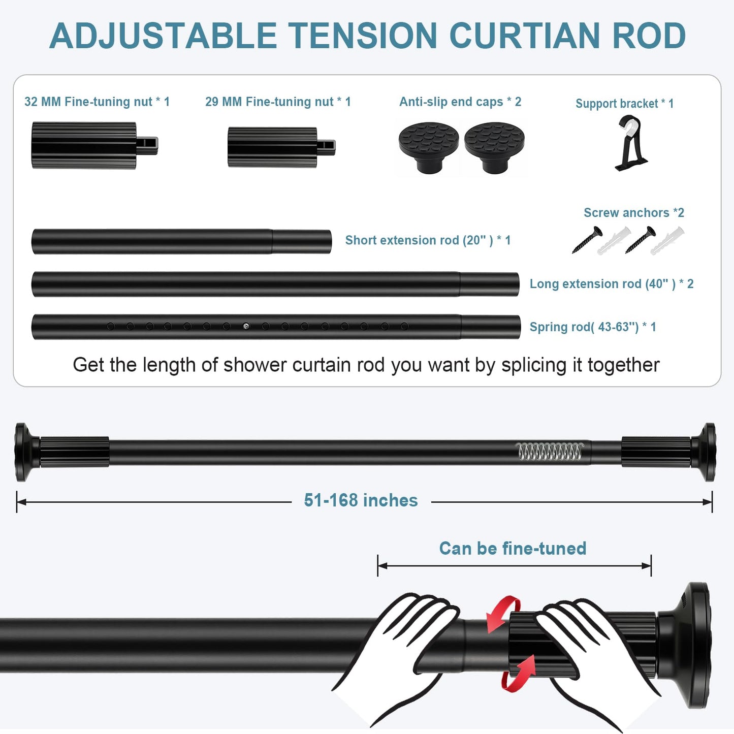 ZOCONE Tension Curtain Rod 51-168 In(4.25-14 Ft), Outdoor Curtain Rod No Drilling for Patio Window, Adjustable Shower Curtain Rod for Bathroom, Extra Long Tension Rod Diameter 1.26In Never Rust, Black