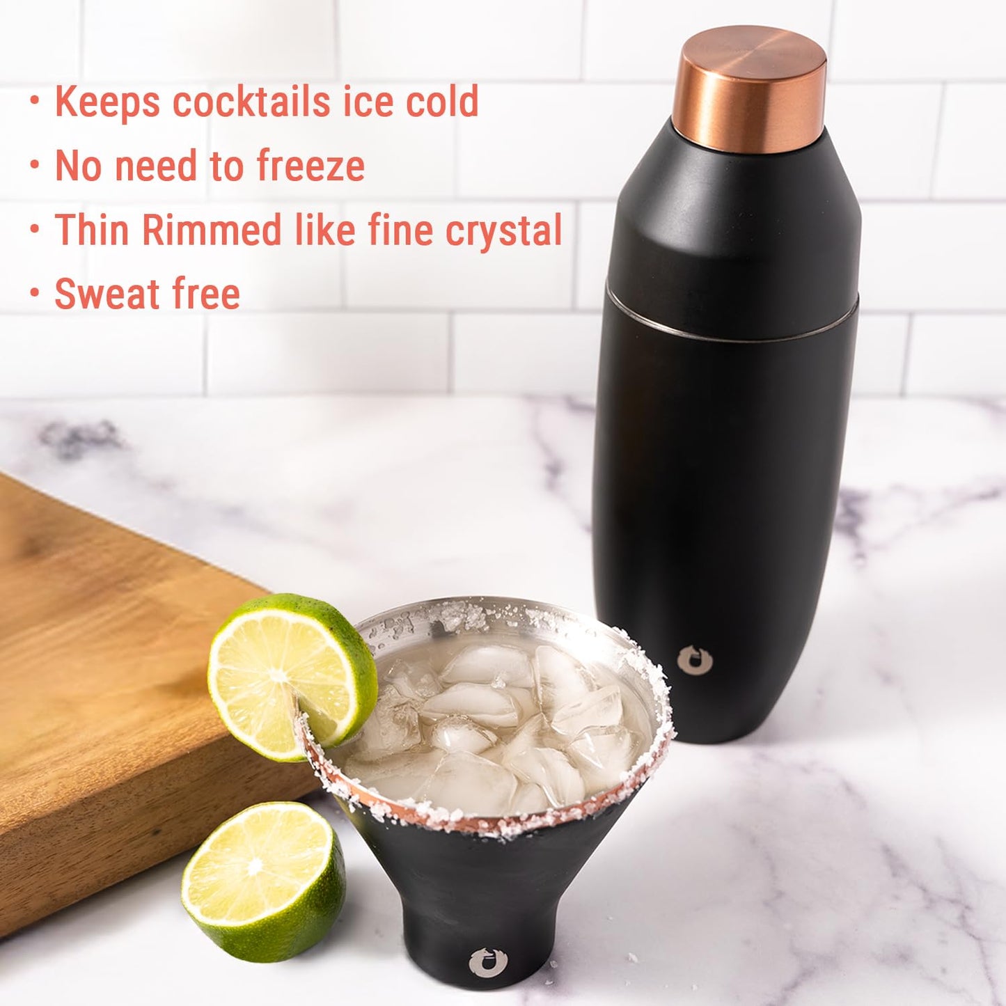 SNOWFOX Premium Vacuum Insulated Stainless Steel Martini Glass, Set of 2, Martinis Stay Icy Cold, Stemless Cocktail Glasses, Elegant Home Entertaining, Bold Beautiful Barware Set, 8 oz, Black/Gold