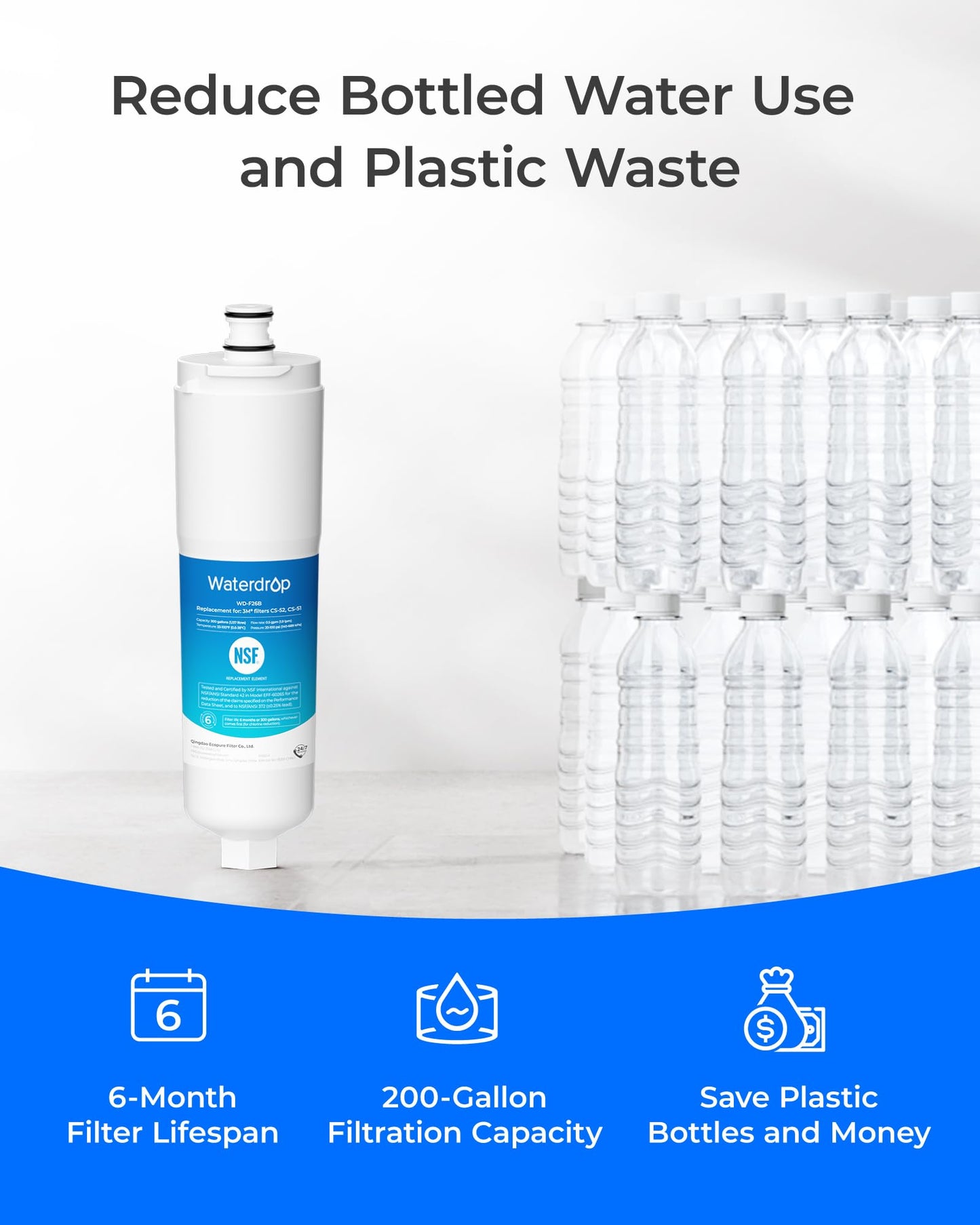 Waterdrop CS-52 Refrigerator Water Filter, Replacement for Bosch® 640565, Whirlpool® WHKF-R-PLUS, EVOLFLTR10, 3M® Cuno CS-52, CS-51, W1085590, 51000, WD-F26B, 3 Filters