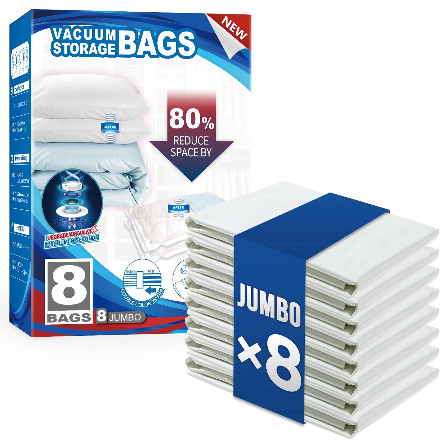 TAILI 8 Pack Vacuum Storage Bags for Comforter and Blankets, Jumbo Vacuum Seal Bags for Bedding 40x31 Inch, Space Saver Bags for Clothes, Pillows, Saving More Closet Space