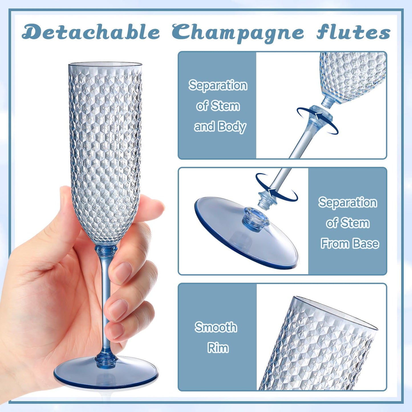 XUWAIDSGN 48 Pack Blue Detachable 2 piece Champagne Flutes 5.5 Oz Unbreakable Plastic Mimosa Disposable Champagne Glasses Drinking Cups Stemmed Reusable Wine Toasting Glasses for Wedding