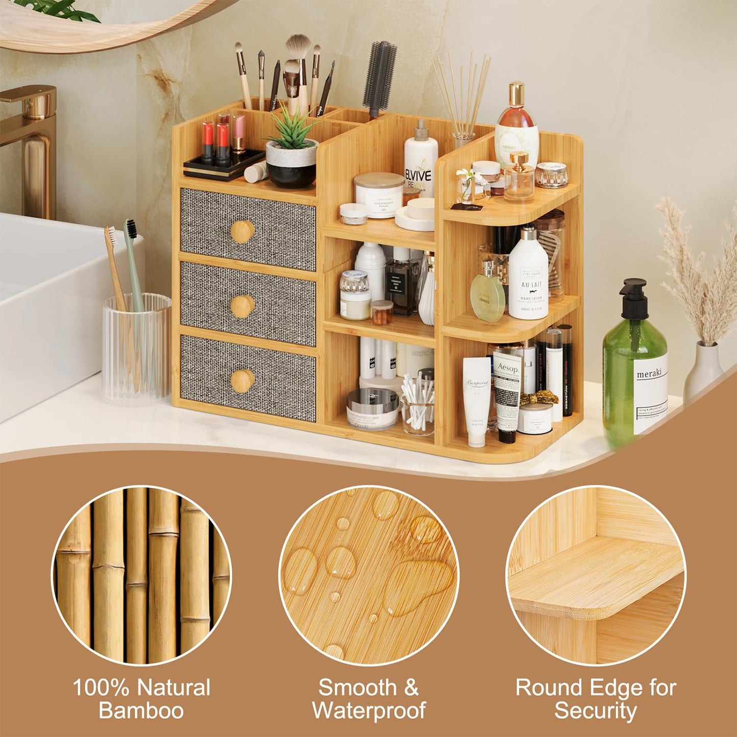 Makeup Organizer Countertop, Cosmetic Skincare Organizers With 3 Makeup Brush Holders/3 Drawers/7 Storage Shelves, Elegant Bamboo Make Up Storage Organizers Holder For Counter Vanity Dresser Bathroom