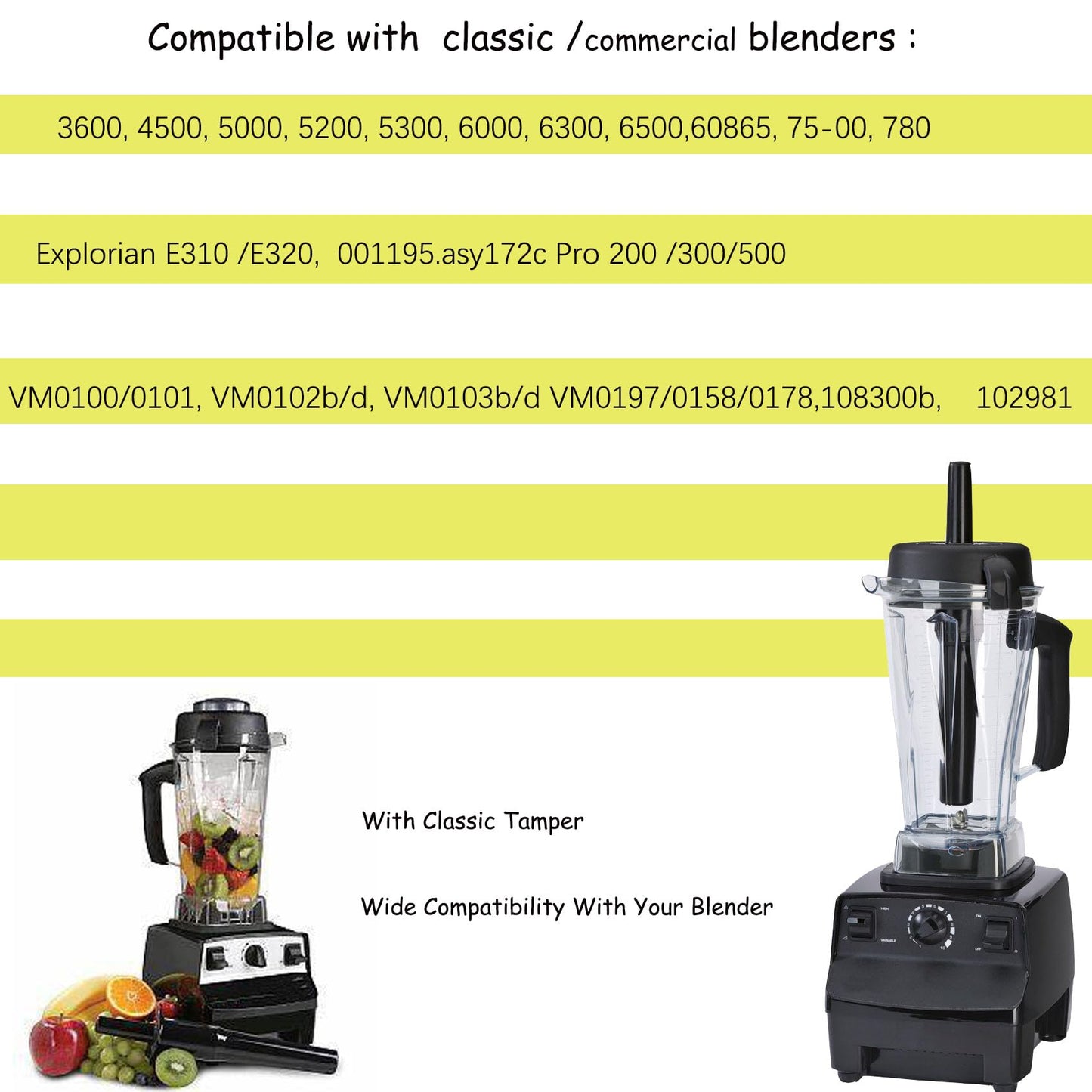 Blender Pitcher 64oz, With Classic Tamper,Compatible with 5200 5000 7500 Pro500 Vita-Prep Vm0101 Vm0102 Vm0103 Vm0197 E310 320 Explorian/Commercial Series etc blender, 10 Year Warranty