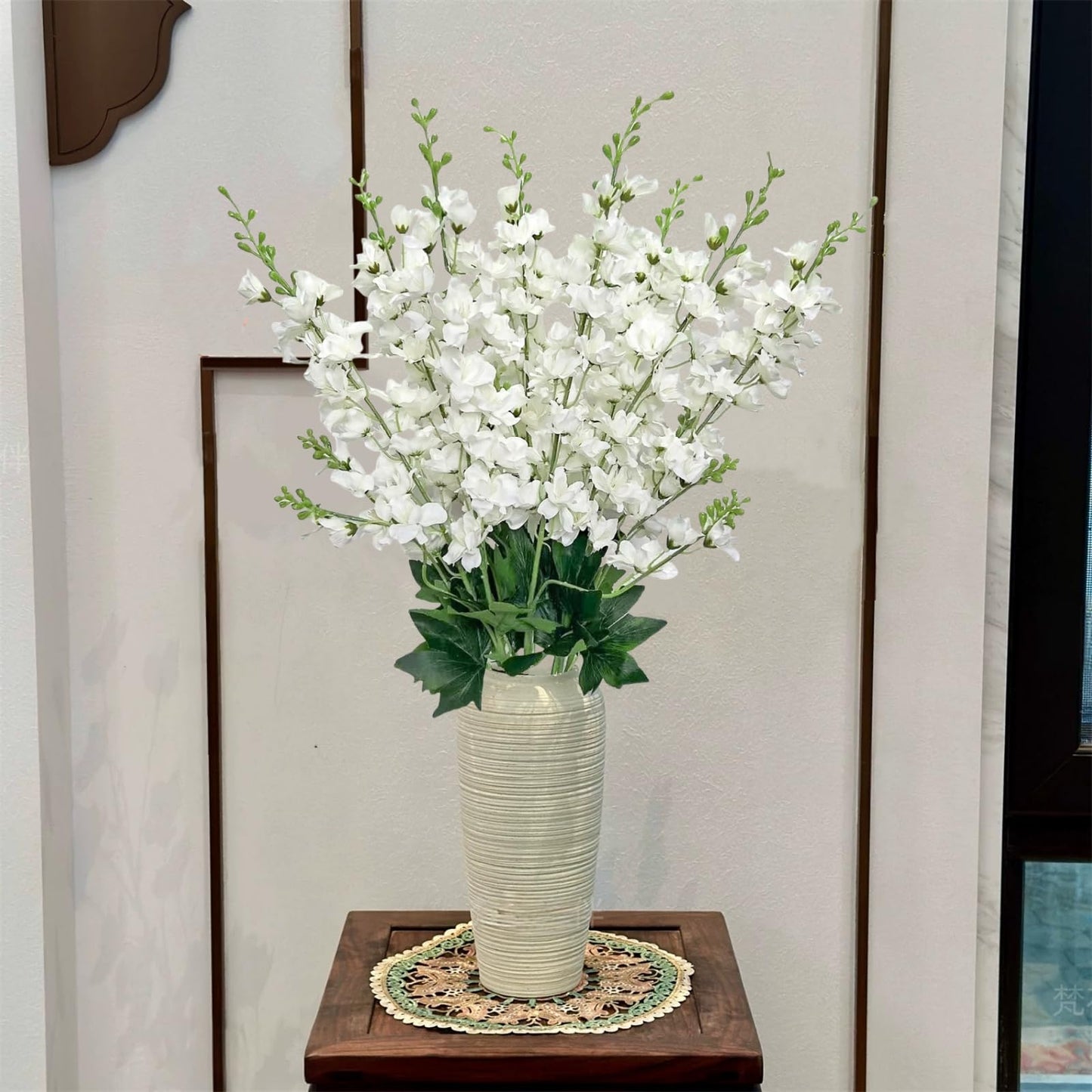 aunosit 8 pcs White Delphinium Artificial Flowers, 34.25''Artificial Snapdragon Flowers Tall Fake Flowers Silk Flowers Faux Delphinium Bulk for Tall Vase Home Wedding Garden Table Decor (White)