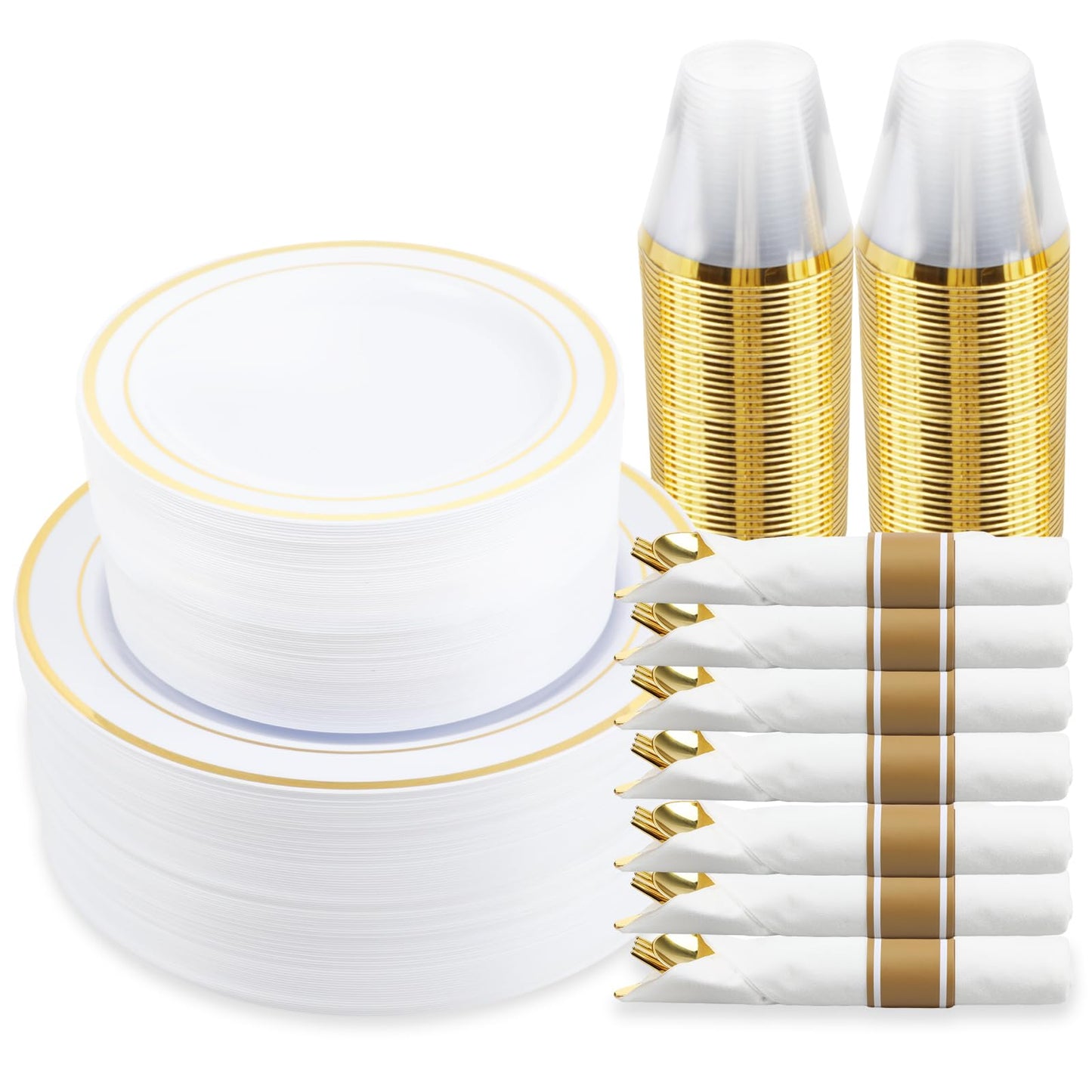 M MCIRCO 350 Piece Gold Dinnerware Set,100 Plastic Plates, 50 Cups,50 Pre Rolled Napkins with Plastic Silverware, Disposable Gold Dinnerware Set for 50 Guest