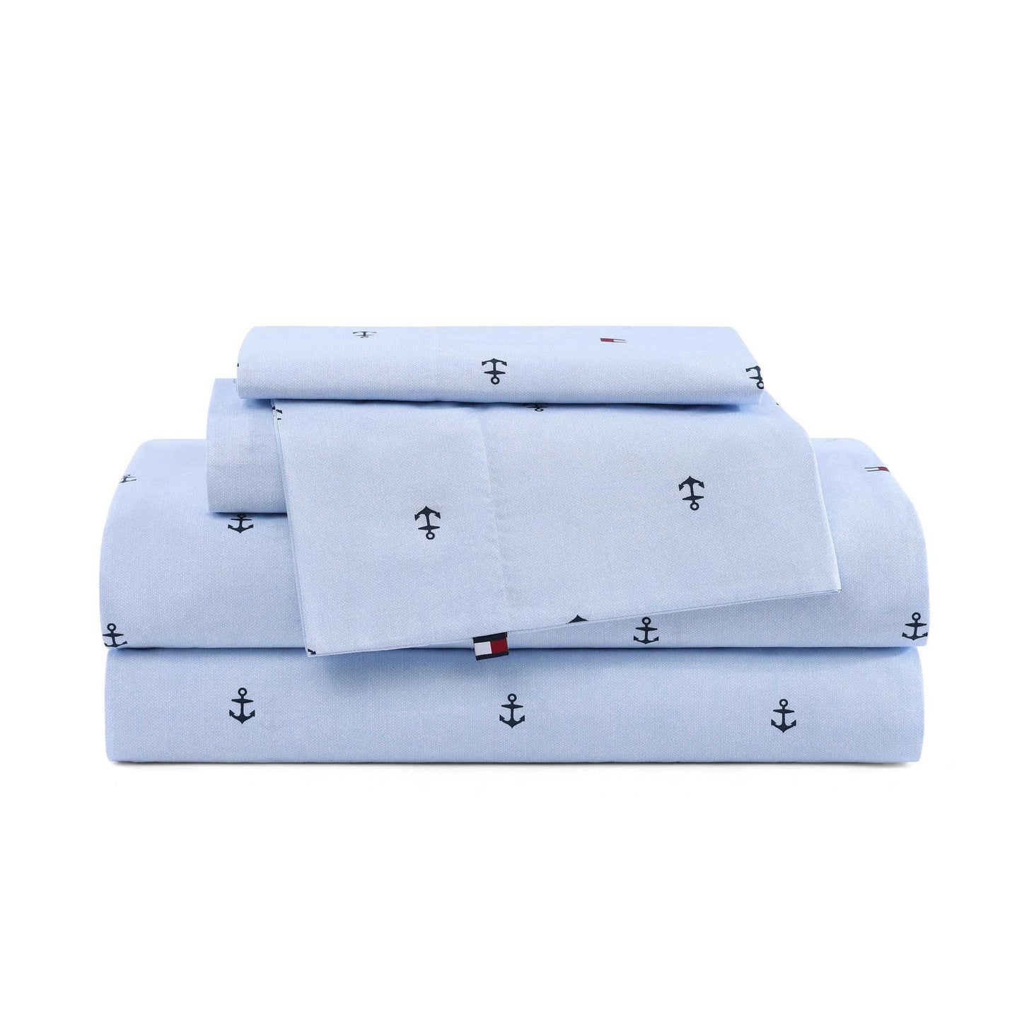 Tommy Hilfiger – Queen Size Sheet Set, Soft Cotton Percale Bedding with Crisp Cooling Comfort, Deep Pocket Fitted Sheet with Matching Pillowcases, Americana Decor (Nautical Anchor Light Blue)