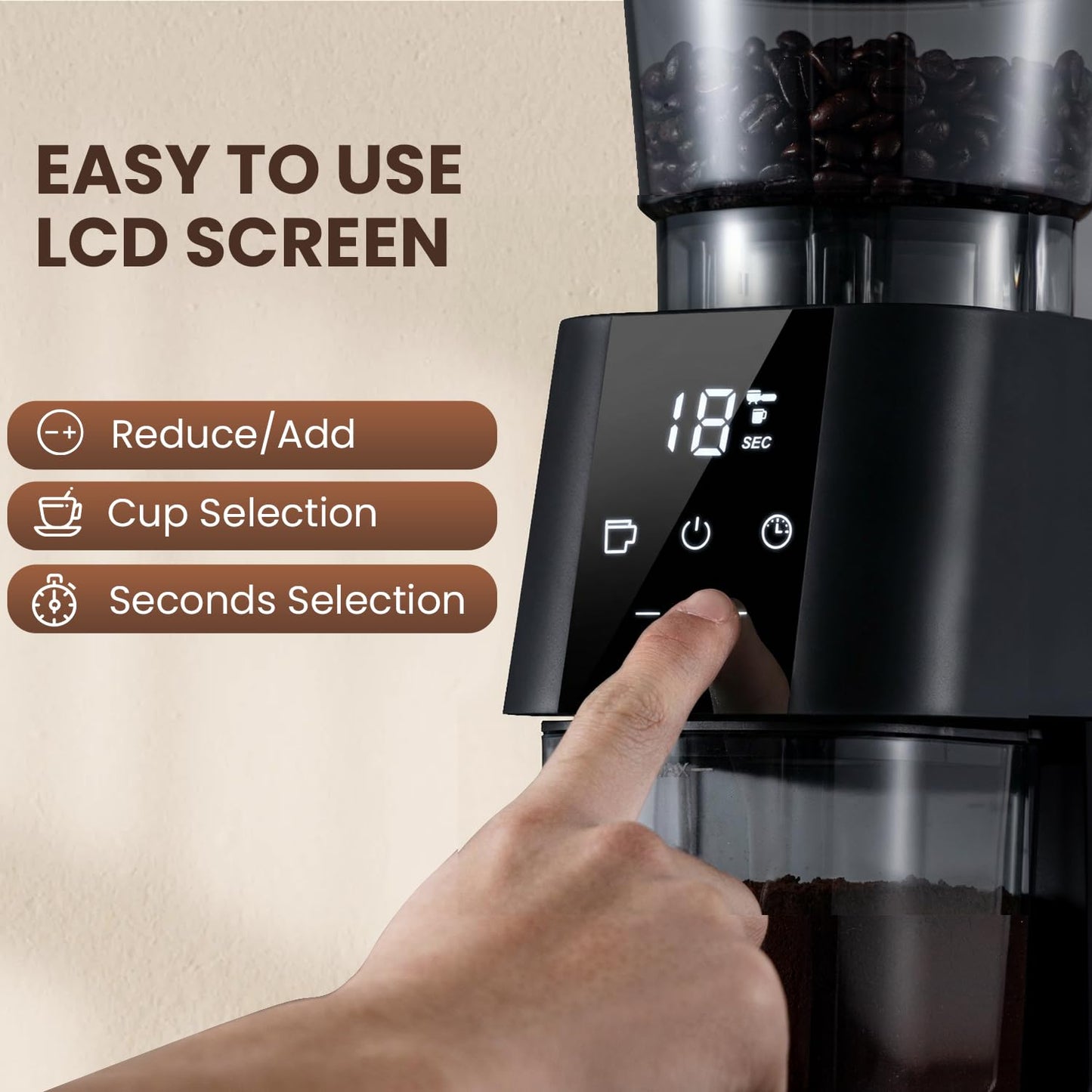 Ollygrin Electric Conical Burr Coffee Grinder, Coffee Grinder with 30 Grind Settings, Touchscreen Coffee Grinder for Home Use, Compact Coffee Bean Grinder for Espresso, Drip, French Press