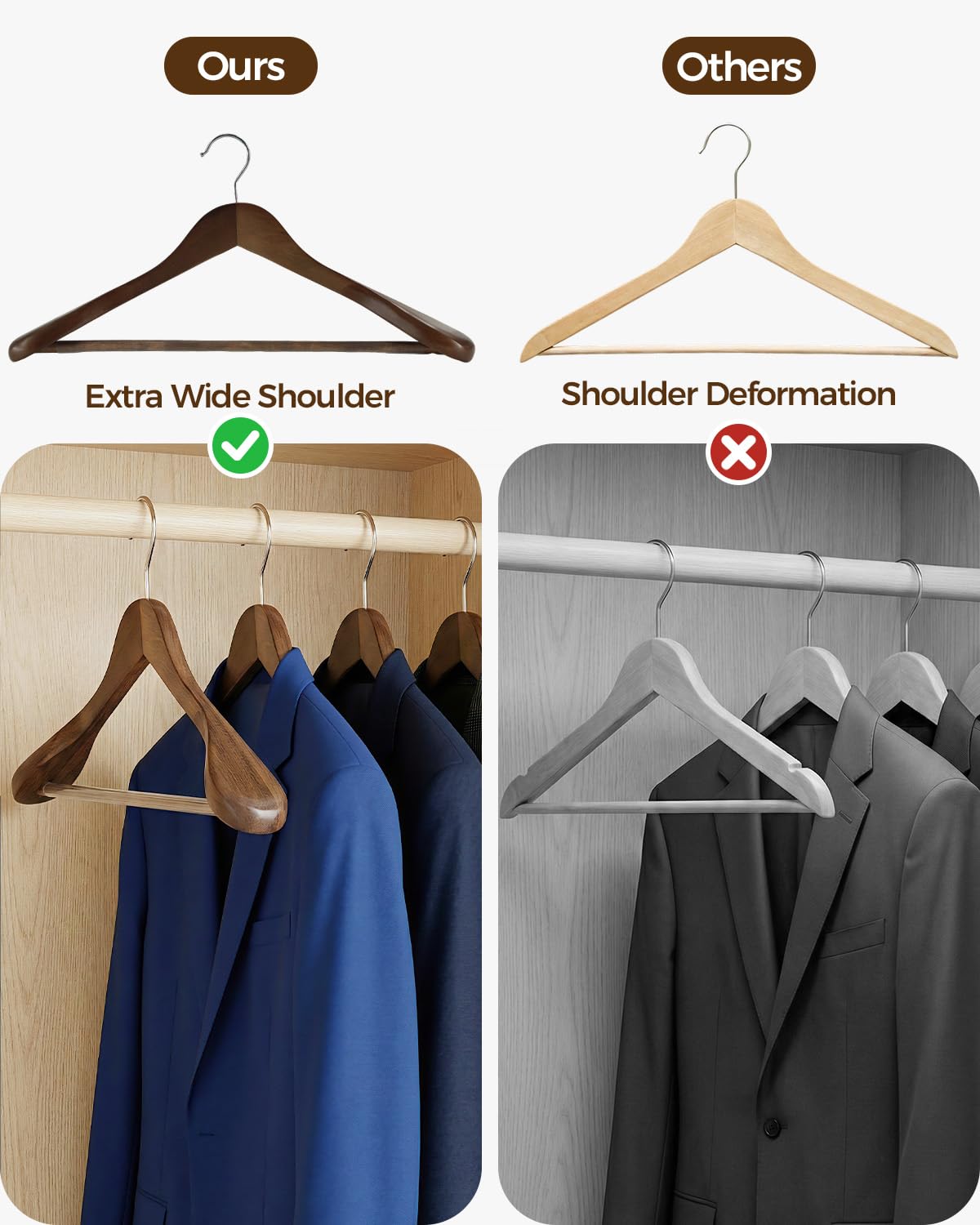 Verahaus Premium Wooden Hangers 6-Pack – Wide Shoulder Non-Slip Design for Coats, Jackets & Suits | 360° Rotating Closet Organizers | Durable & Space-Saving (Vintage Wood)