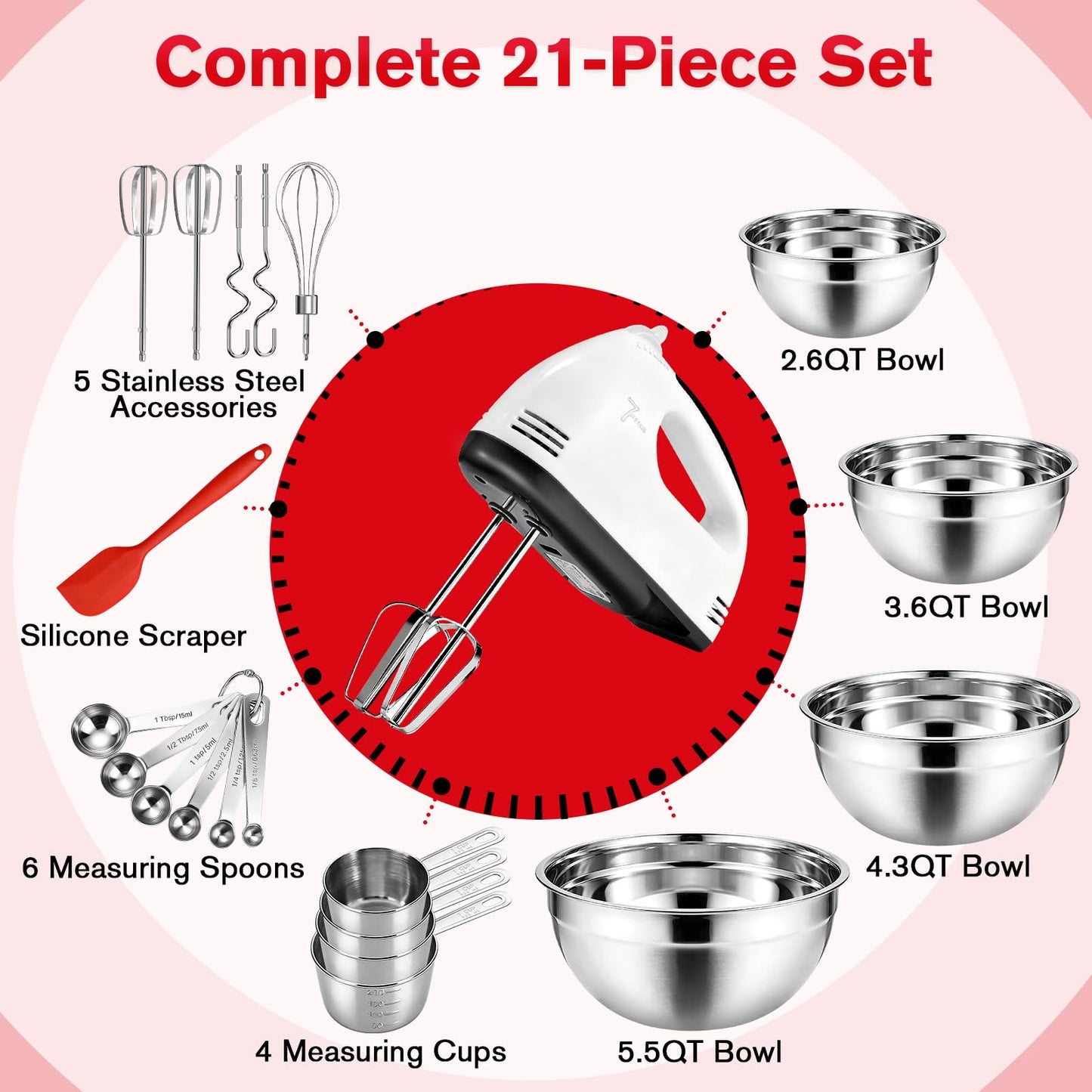 Showvigor Electric Hand Mixer with Stainless Steel Mixing Bowl Set –7 Speeds Turbo-Boost Hand Mixer with Large Mixing Bowls, Measuring Cups, Spoons & Silicone Spatula for Kitchen Cakes Eggs Baking
