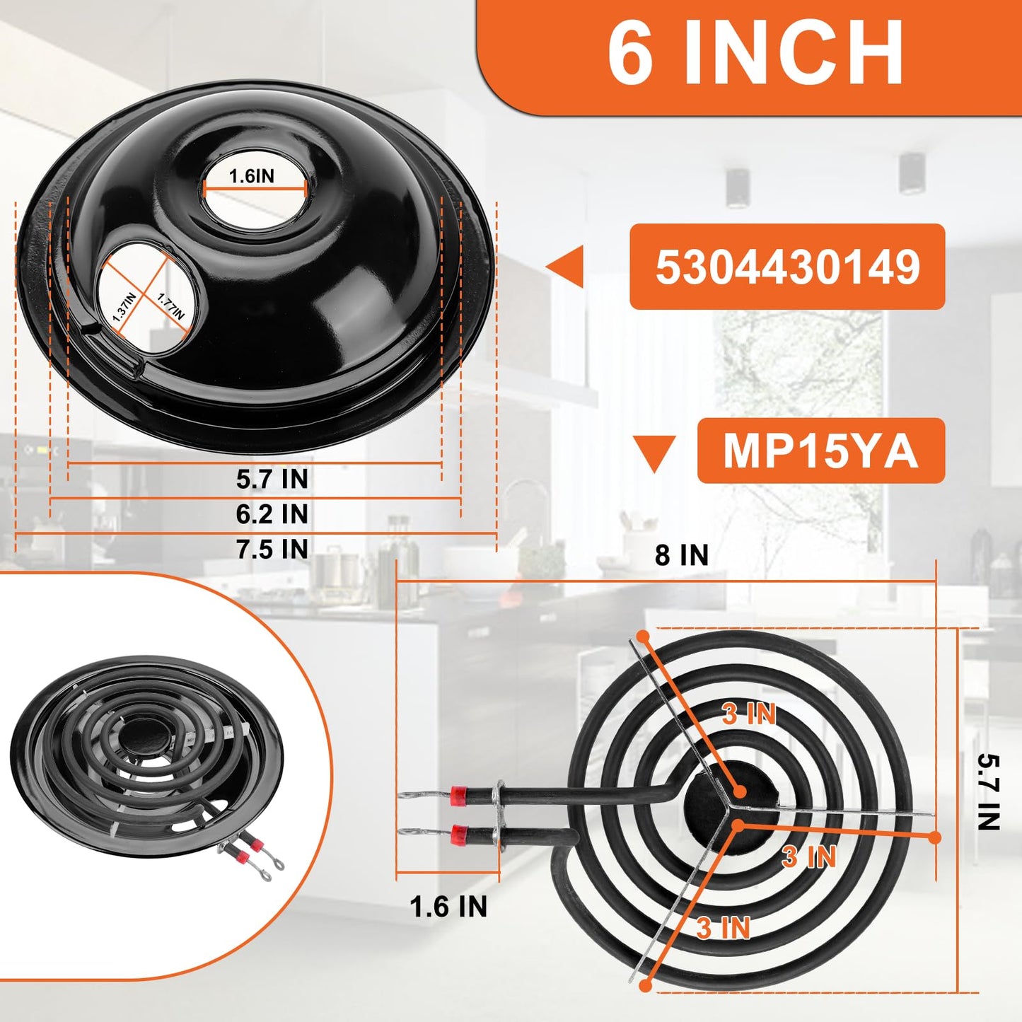 5304430149 5304430150 Porcelain Drip Pan Set & MP22YA Electric Range Burner Element Unit Set Replaces 318067041 318067051 by Cenipar-Compatible with Frigidaire Kenmore Crosley Range Oven/Stove