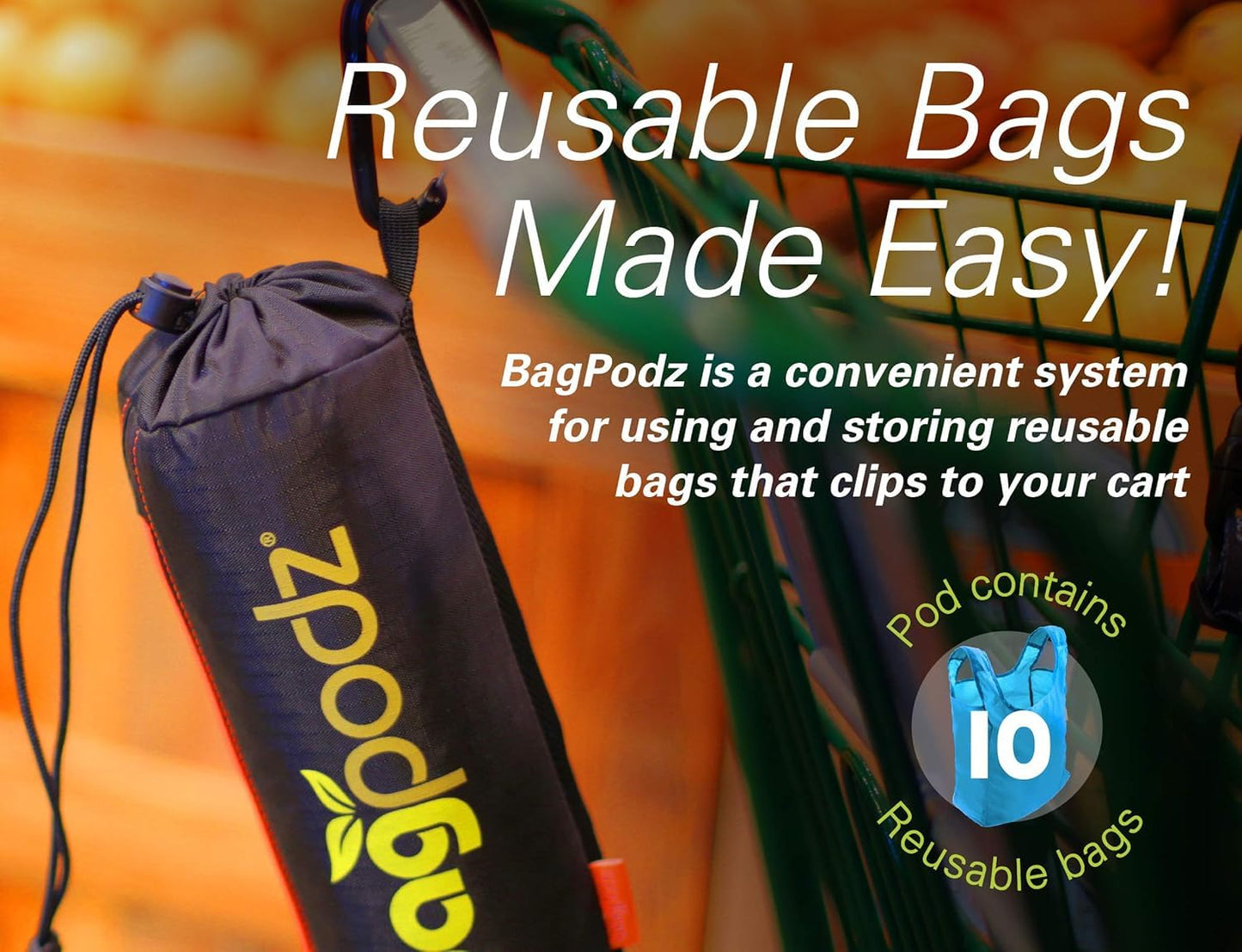 BagPodz Sturdy Reusable Grocery Bags Foldable and Washable - Made From RipStop Nylon Hold 50lbs - Designed in USA Reusable Shopping Bags Inside a Compact Pod with Carry Clip - 10 Pack in Blue