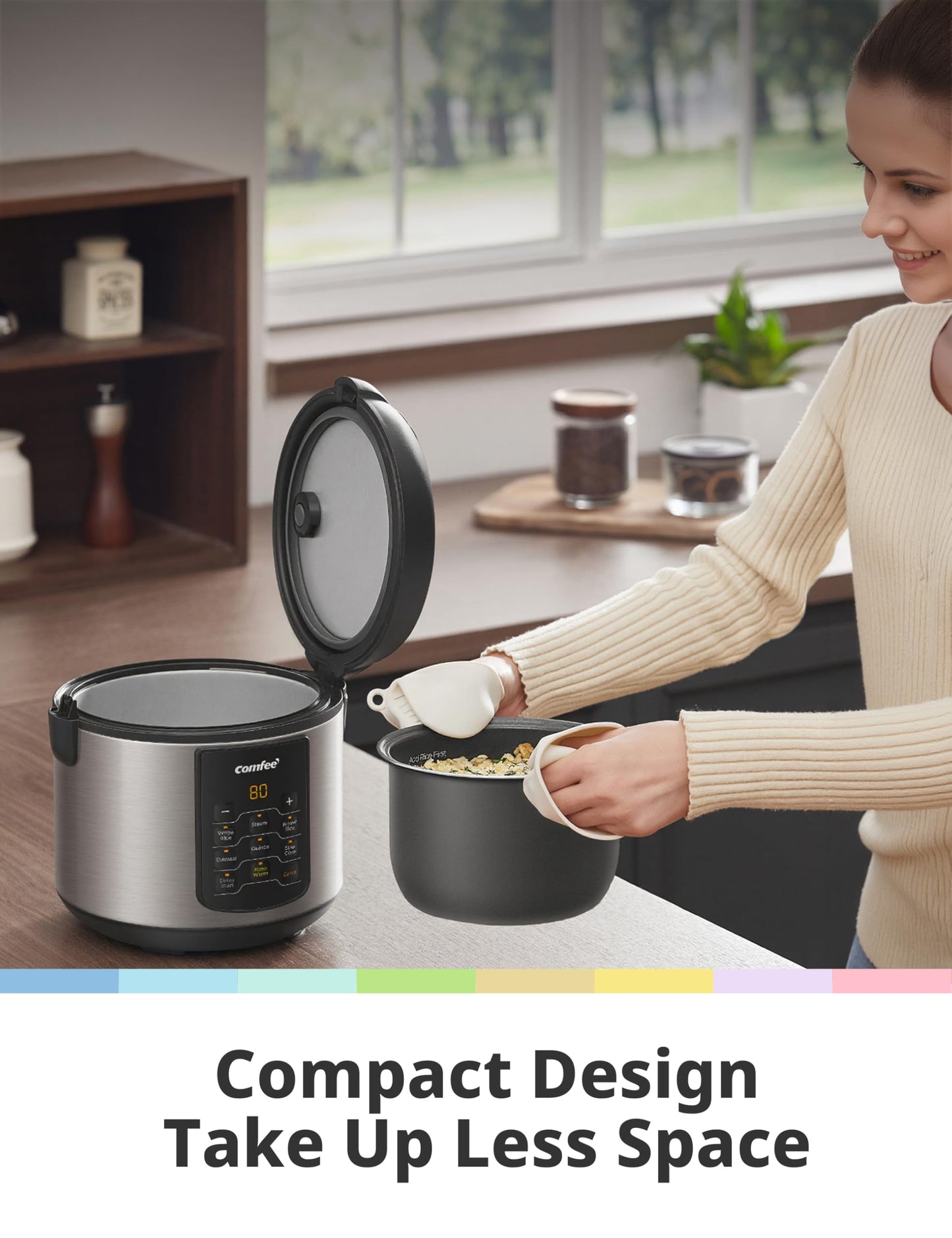 COMFEE' Rice Cooker Upgraded, 6-in-1 Stainless Steel Multi Cooker, Slow Cooker, Steamer, Saute, and Warmer, 2 QT, 8 Cups Cooked(4 Cups Uncooked), Brown Rice, Quinoa and Oatmeal, 6 One-Touch Programs